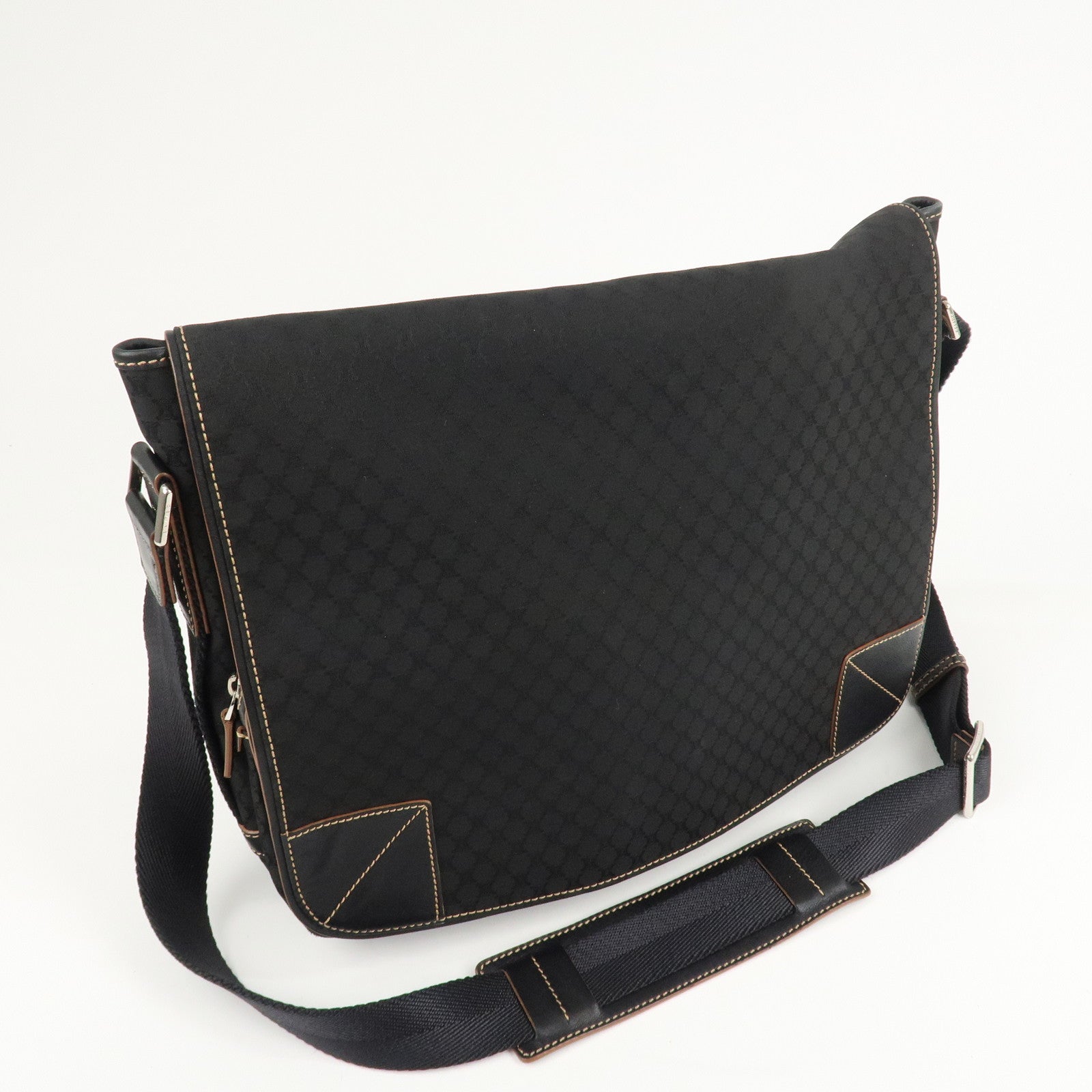 CELINE Macadam Canvas Leather Shoulder Bag Black Used