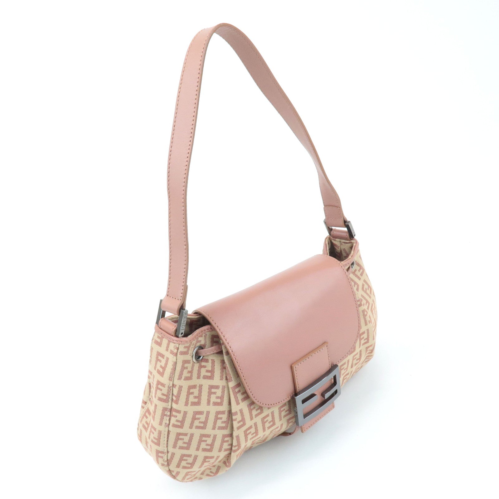 FENDI Zucchino Canvas Leather Shoulder Bag Beige Pink 8BR282 Used
