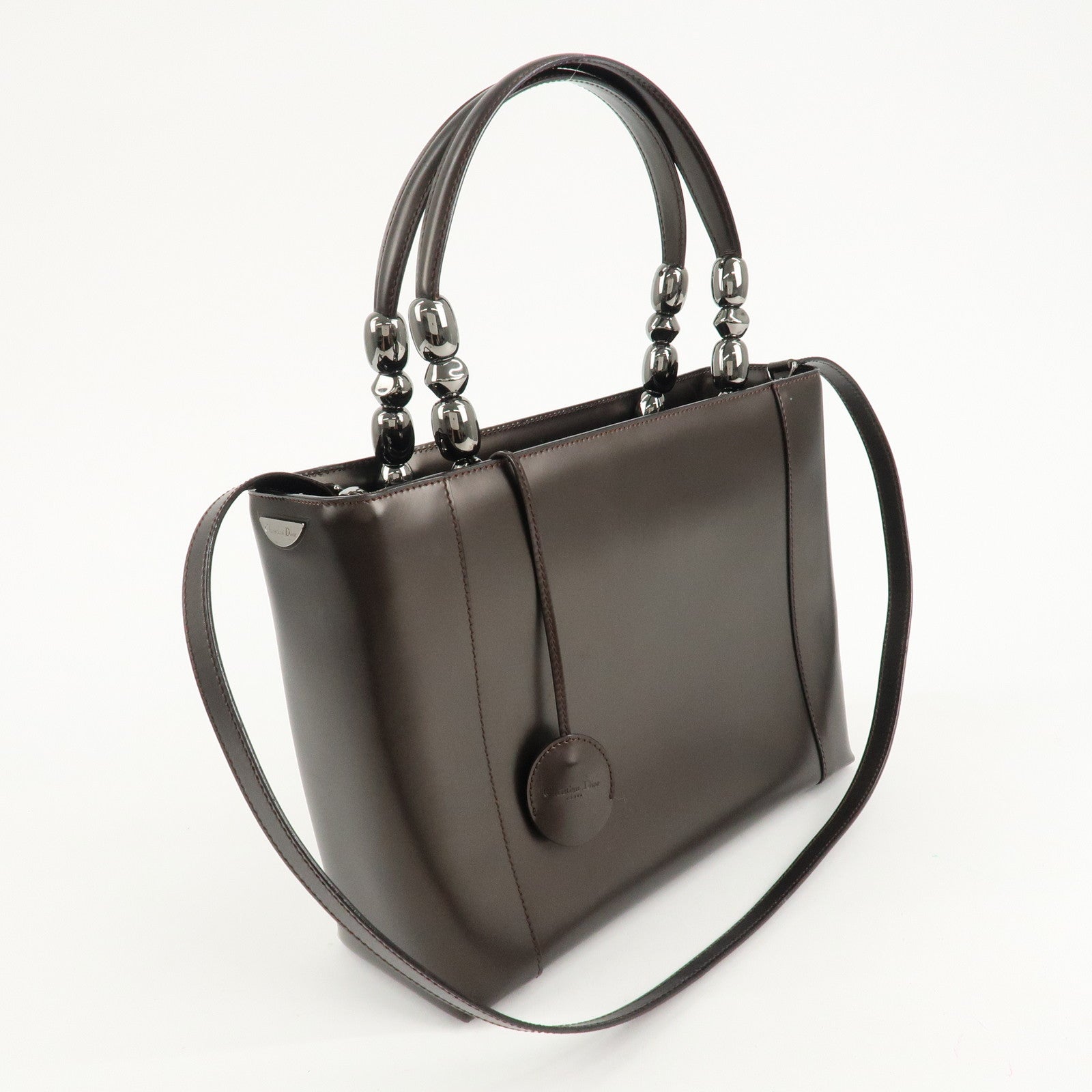 Christian Dior Maris Pearl Leather 2way Bag Hand Bag Dark Brown Used