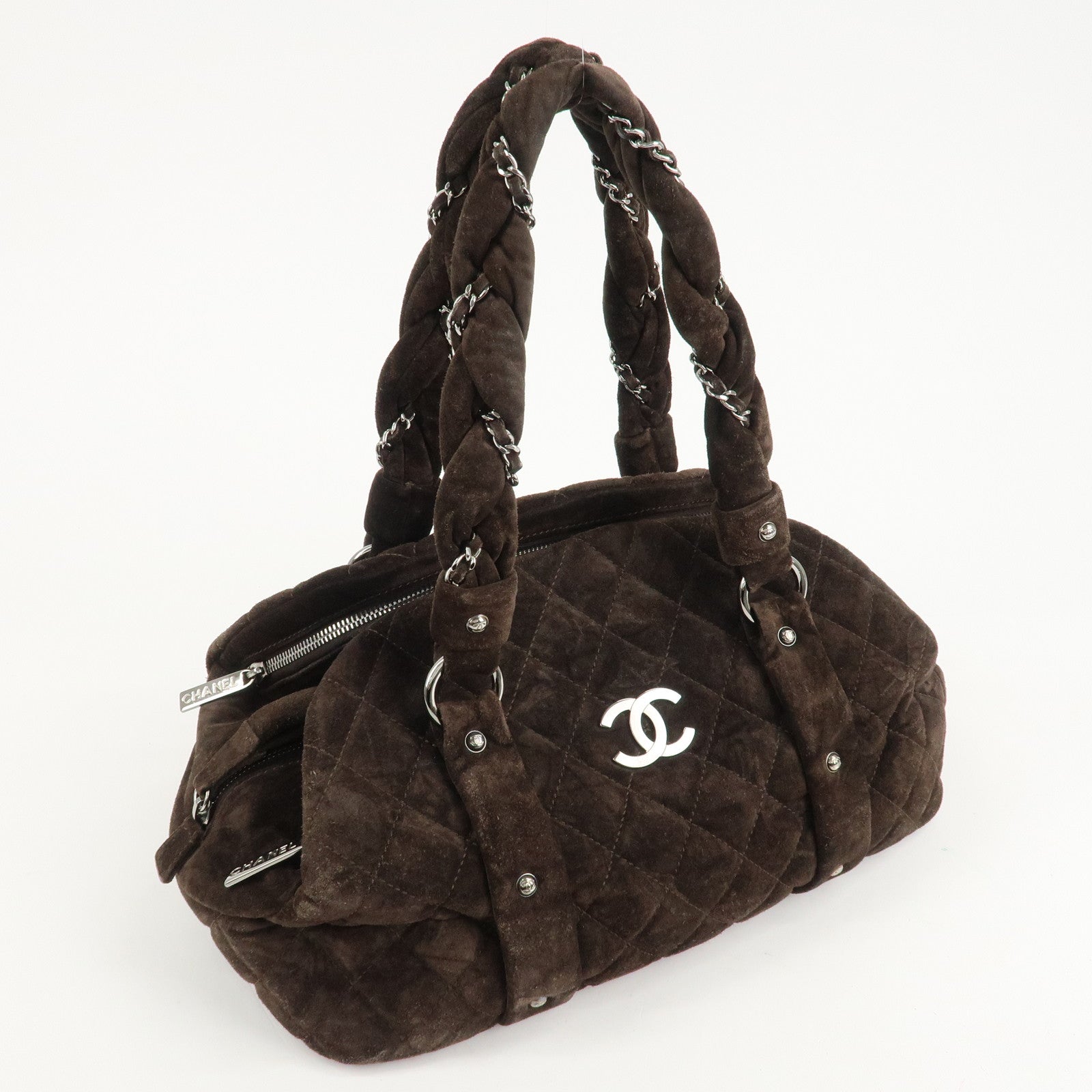 CHANEL Matelasse Suede Boston Bag Brown Silver Hardware Used