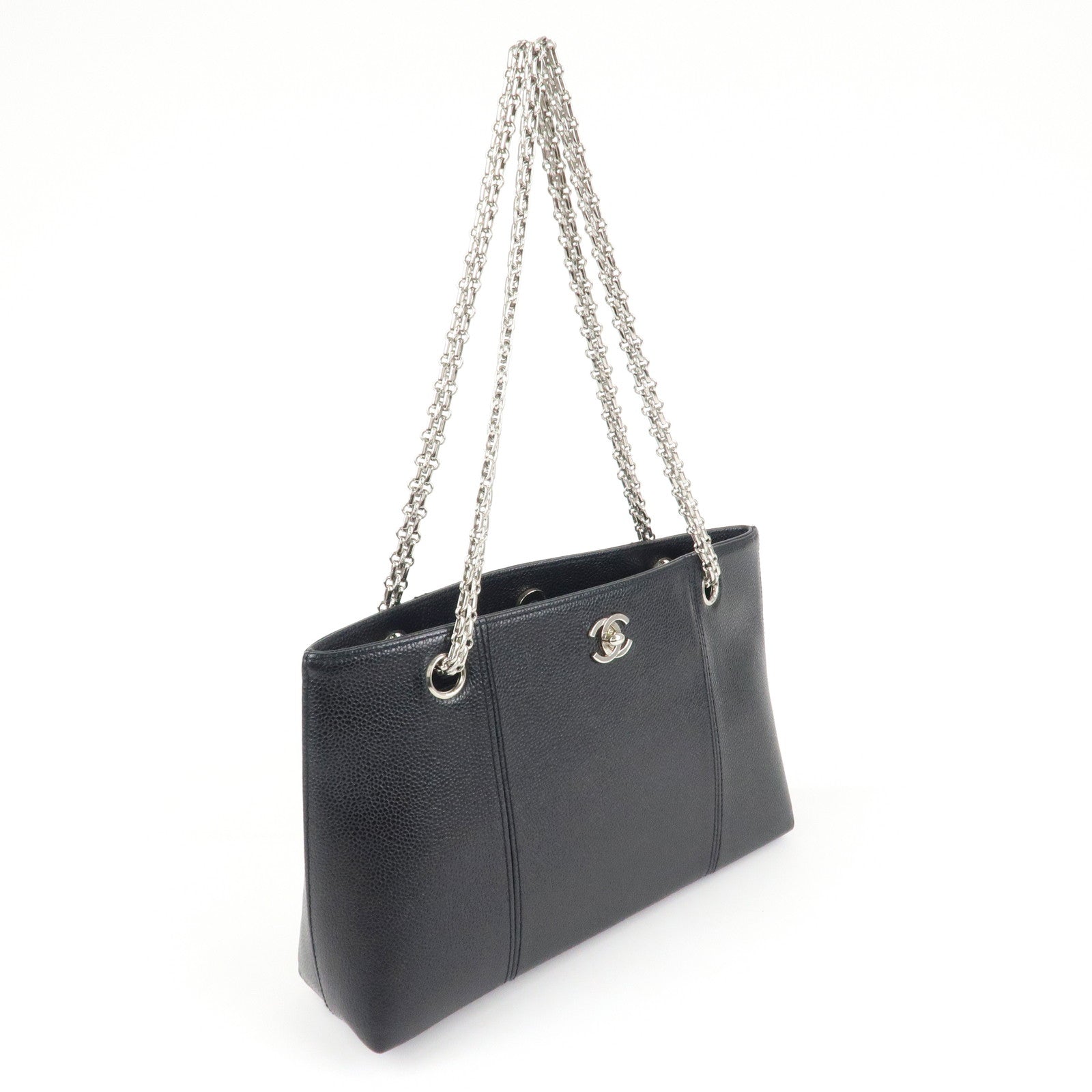 CHANEL Caviar Skin Chain Tote Bag Black Silver Hardware Used