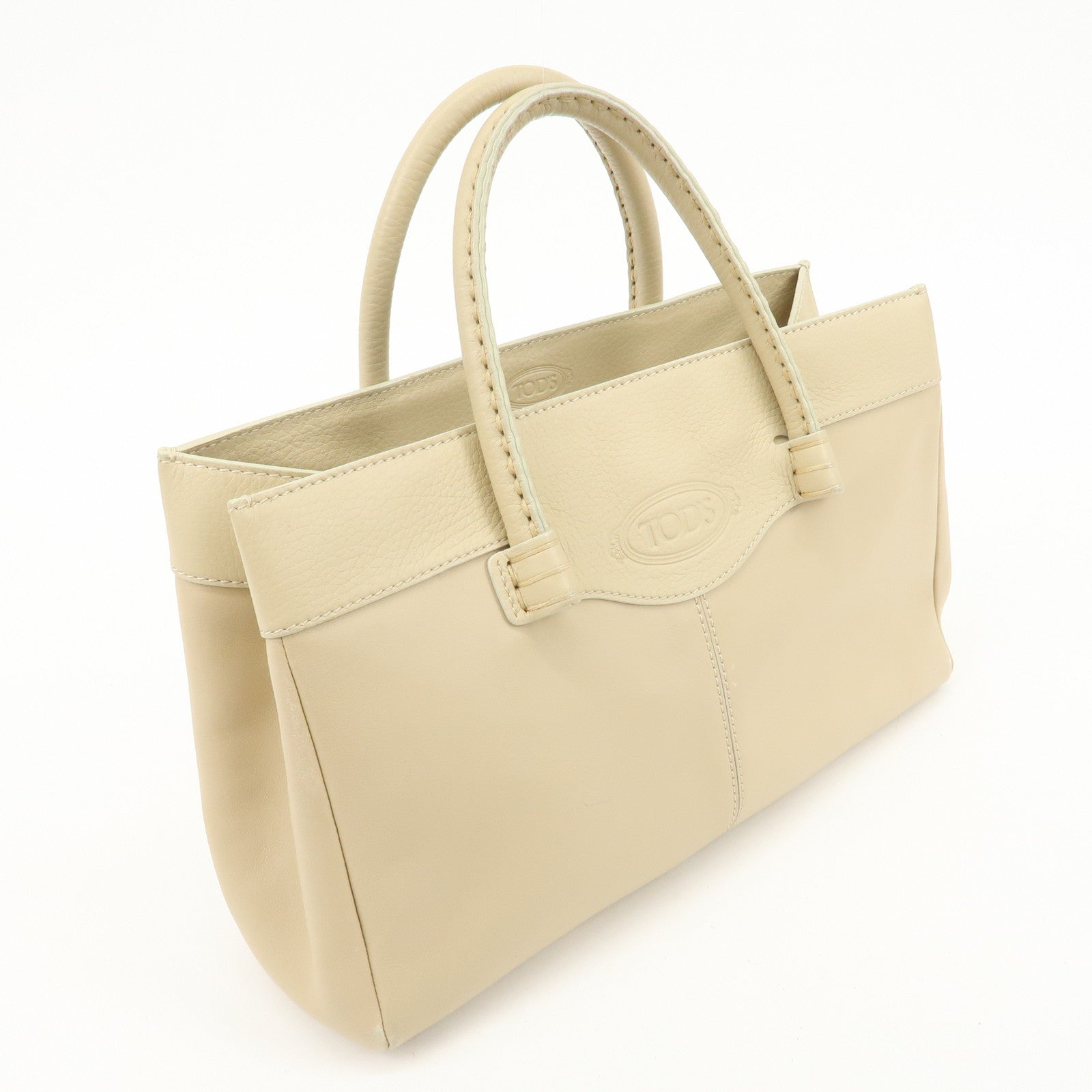 TOD'S Logo Leather Tote Bag Hand Bag Beige Cream Used