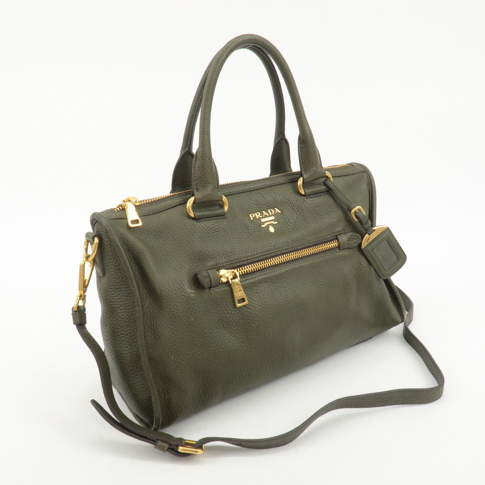 PRADA Leather 2Way Bag Hand Bag Shoulder Bag Khaki BL0805 Used