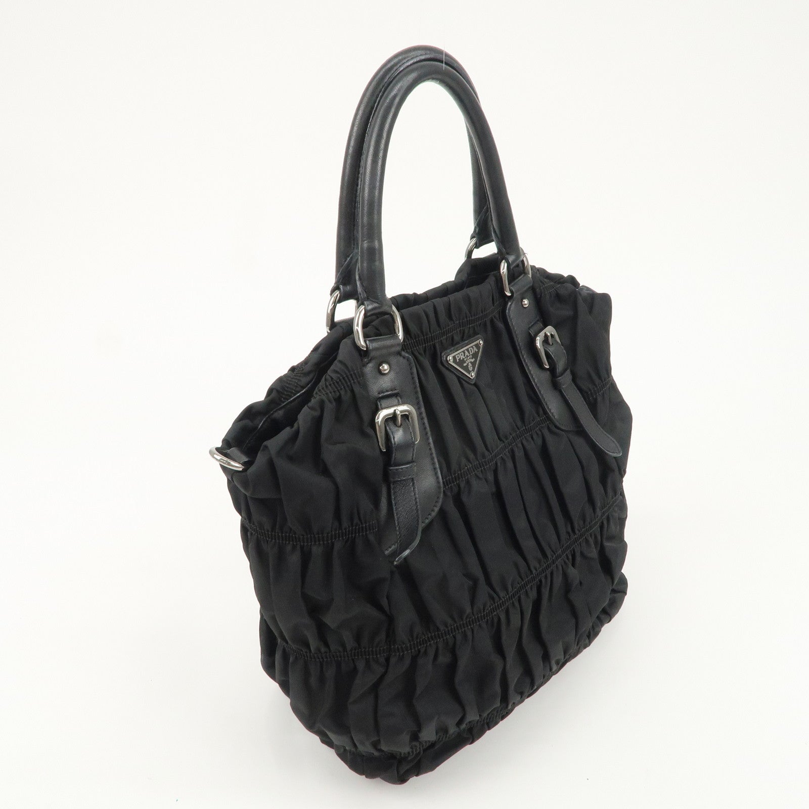 PRADA Logo Nylon Leather Gathered Shoulder Bag BN1616 Used