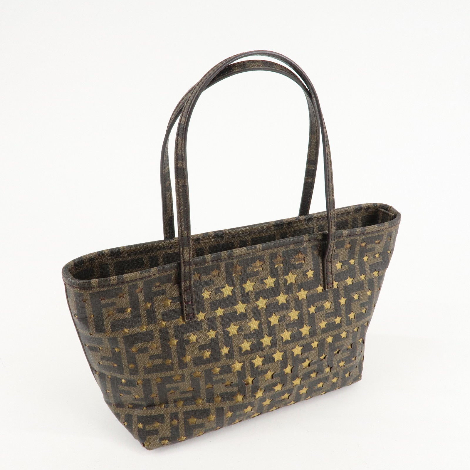 FENDI Zucca PVC Nylon Tote Bag Star Punching Brown Black 8BH223 Used