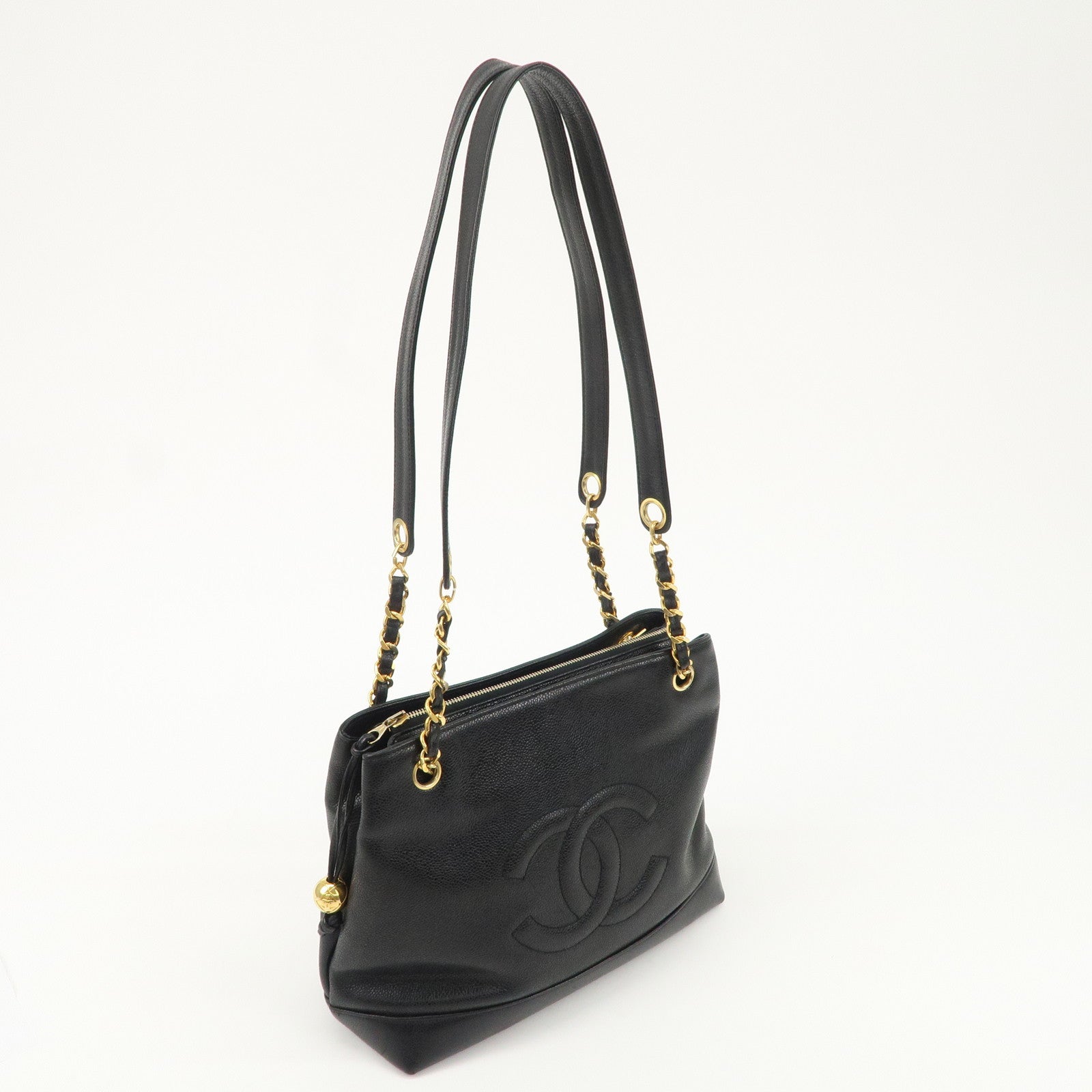 CHANEL Caviar Skin COCO Mark Chain Tote Bag Shoulder Bag Black Used