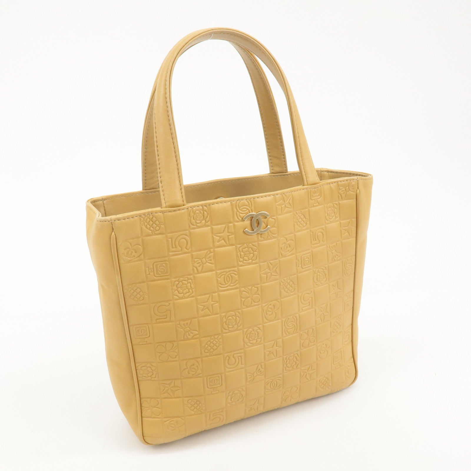 CHANEL Icon Line Leather COCO Mark Tote Bag Hand Bag Beige Used