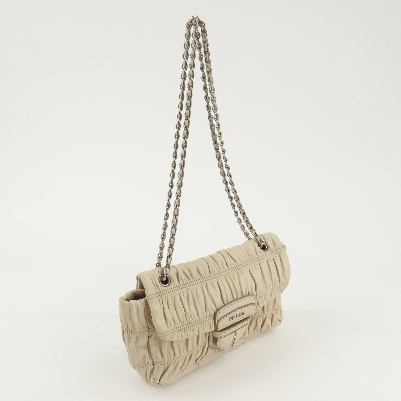 PRADA Leather Gathered Chain Shoulder Bag Ivory B4695C Used