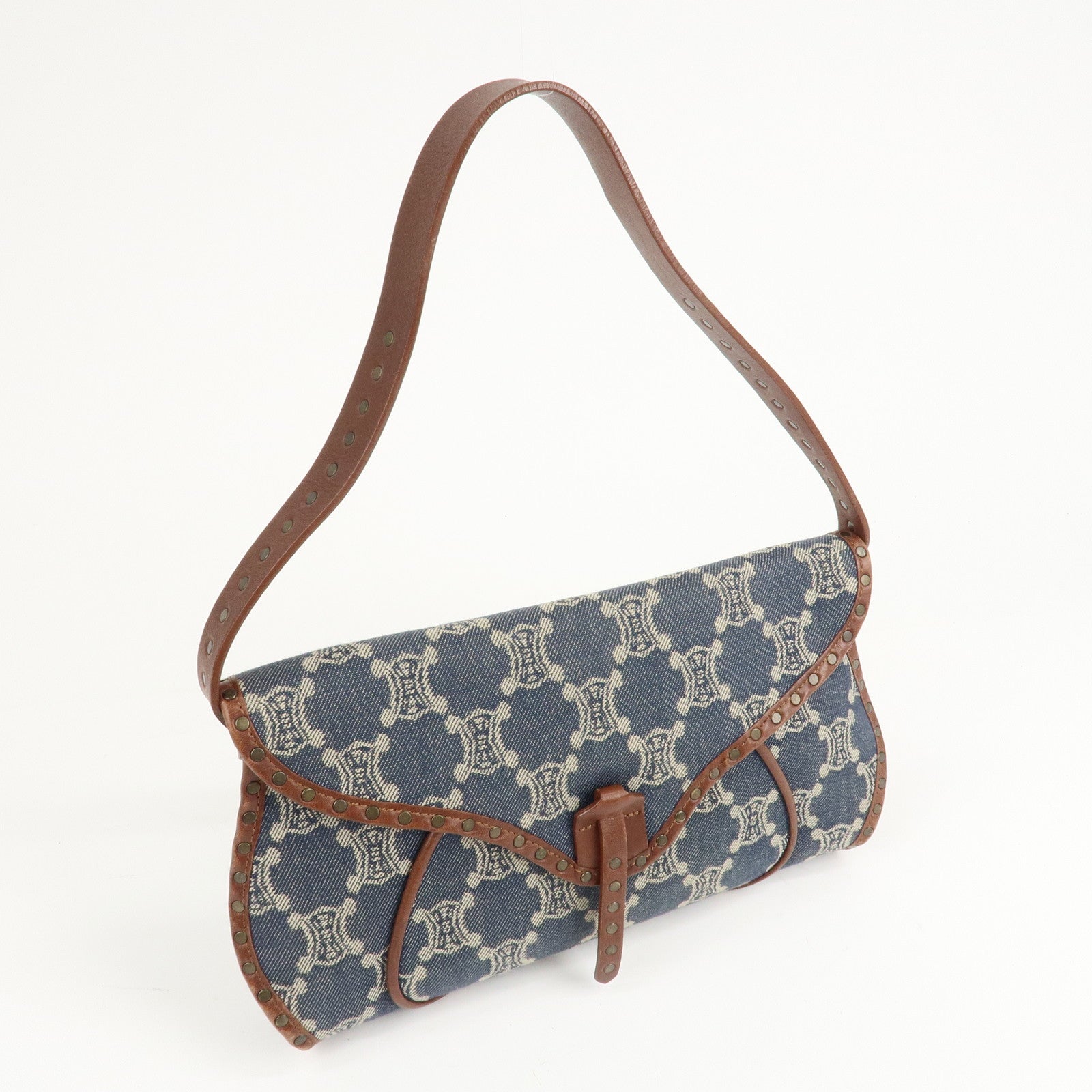 CELINE Macadam Denim Leather Shoulder Bag Blue Brown Used