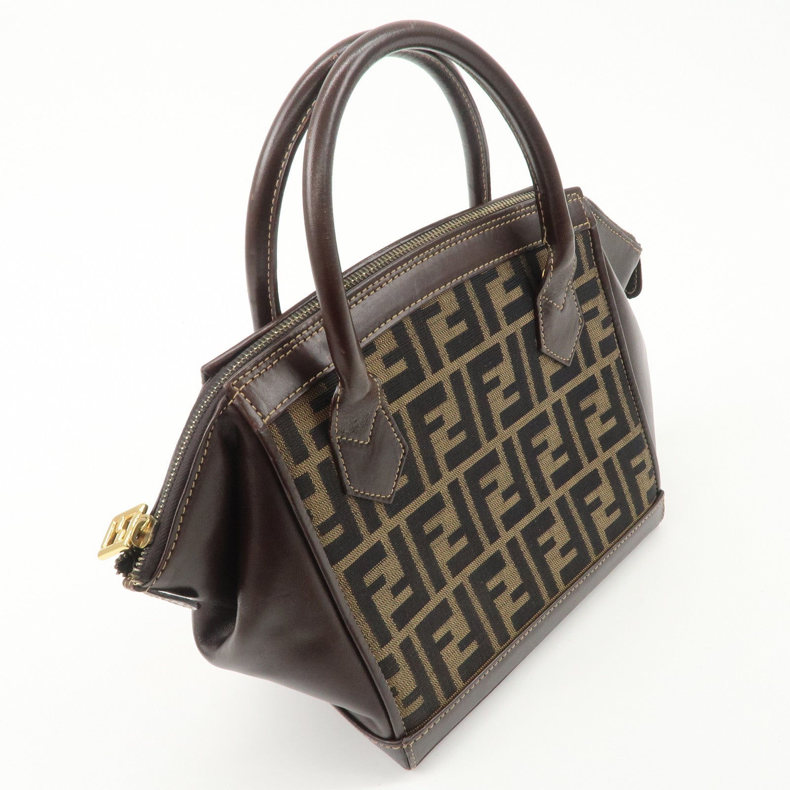 FENDI Zucca Canvas Leather 2 way Leather Hand Bag Shoulder Bag Used