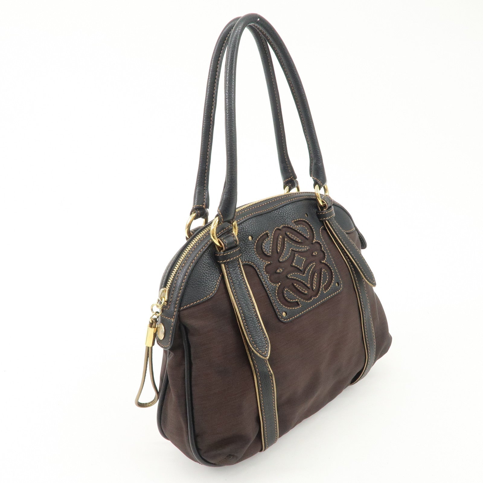 LOEWE Anagram Canvas Leather Hand Bag 340807 Brown Black Used
