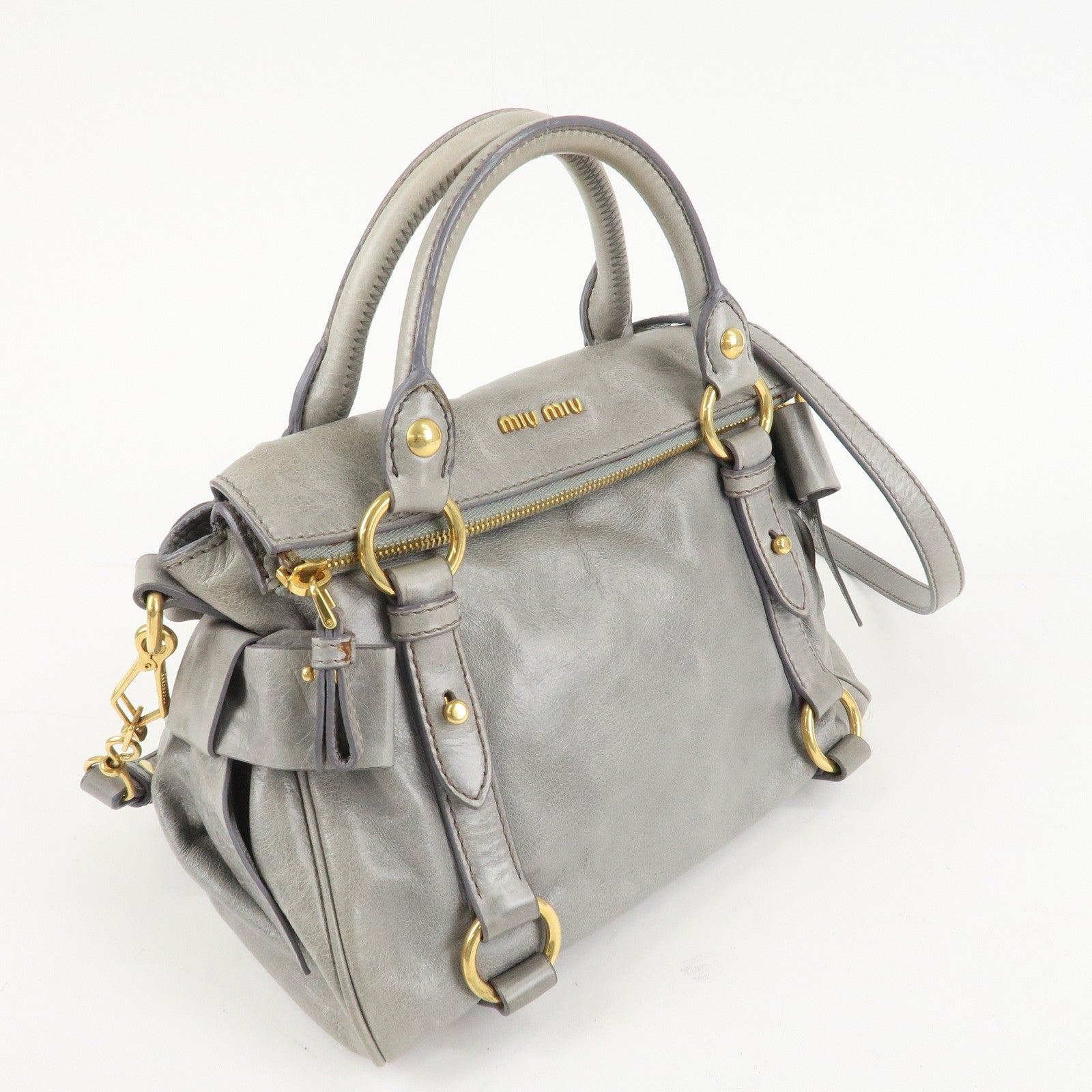 MIU MIU Leather 2Way Bag Hand Bag Shoulder Bag Light Blue Gold HDW Used