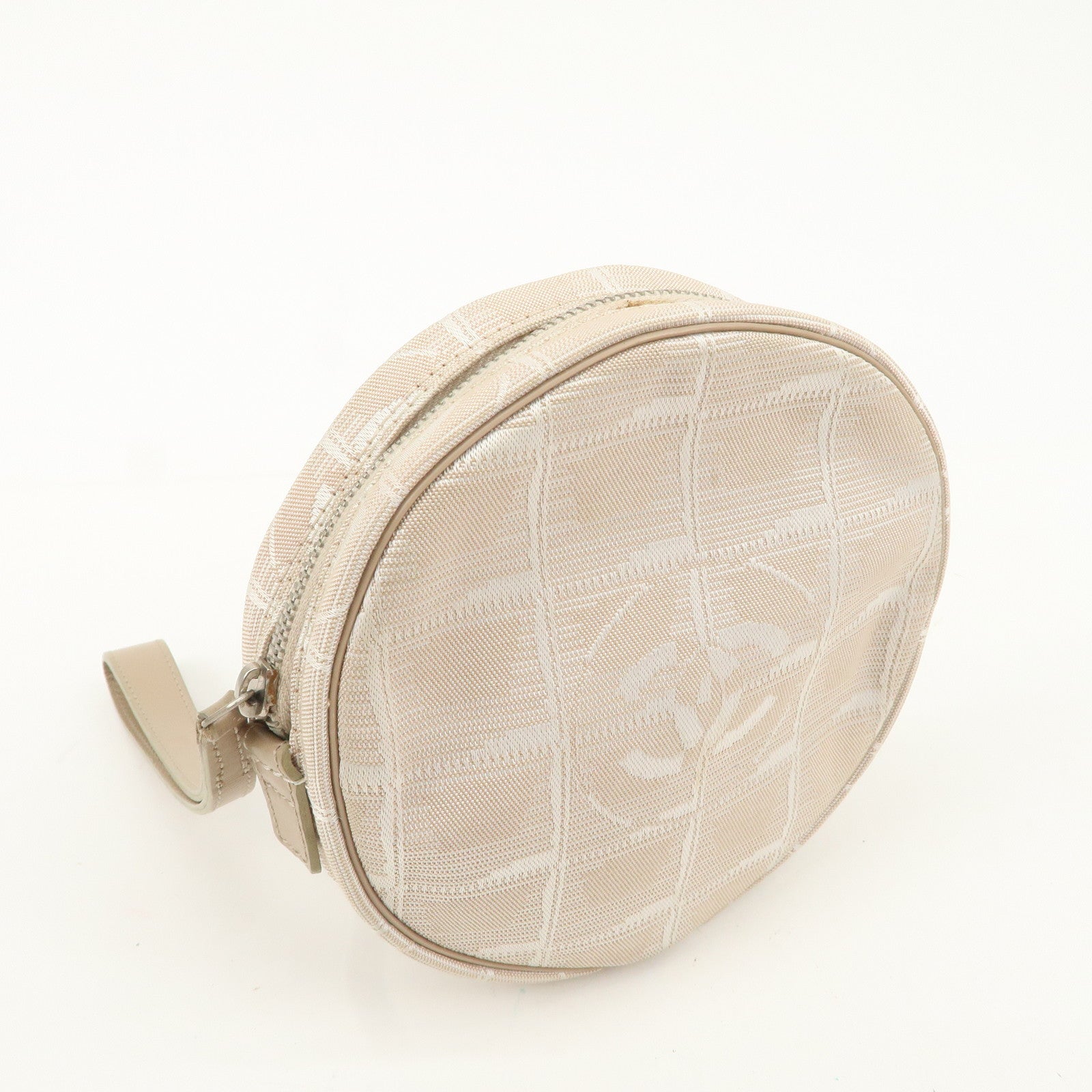 CHANEL New Travel Line Nylon Jacquard Leather Round Pouch T9951S Used