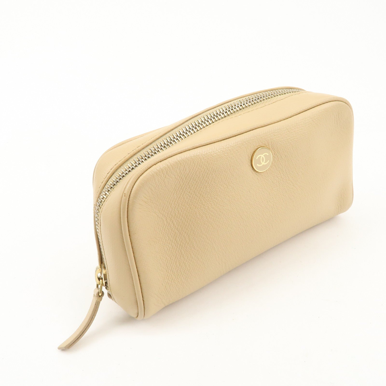 CHANEL COCO Button Leather Cosmetic Pouch Beige Gold A20913 Used