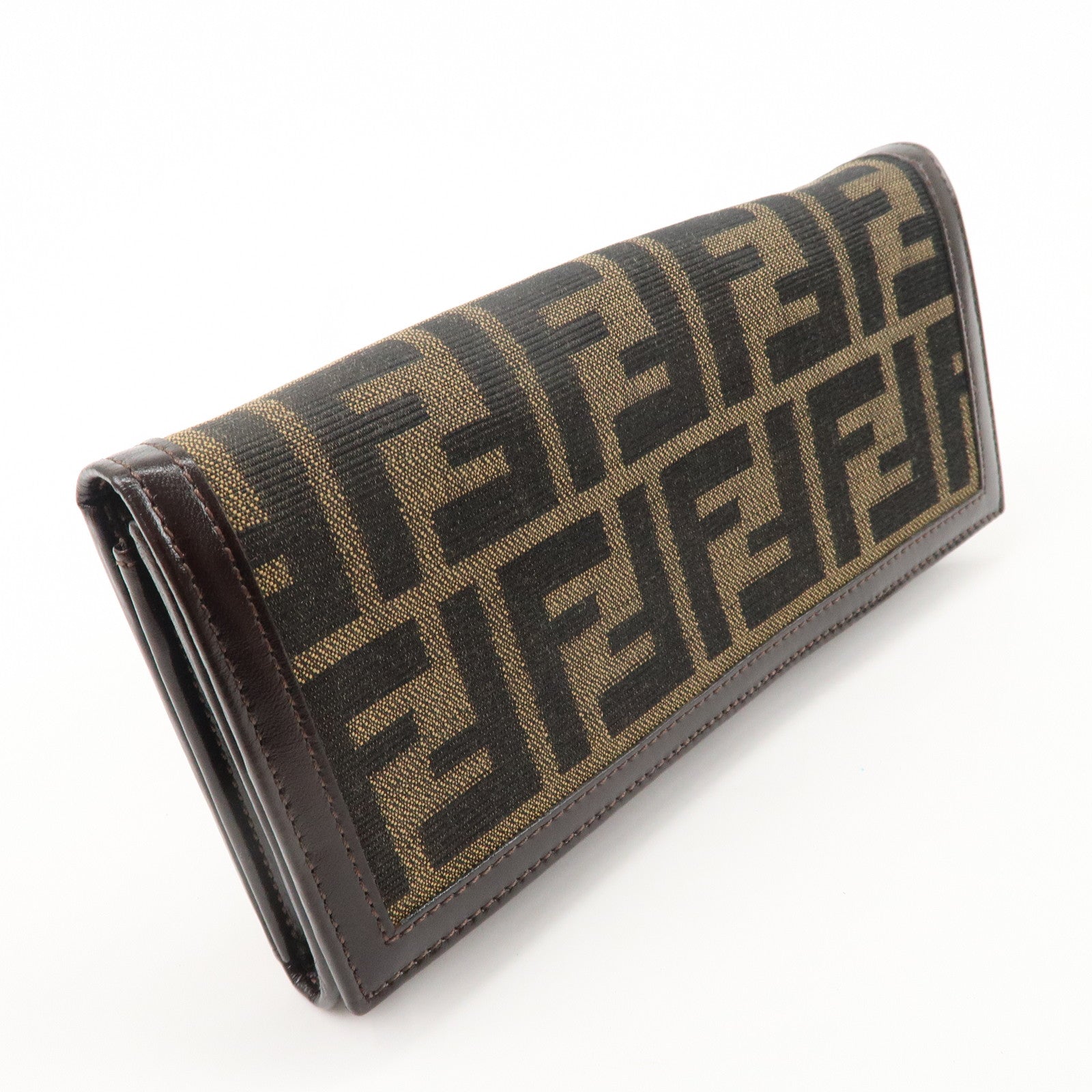 FENDI Zucca Print Canvas Leather Long Wallet Brown 30851 Used