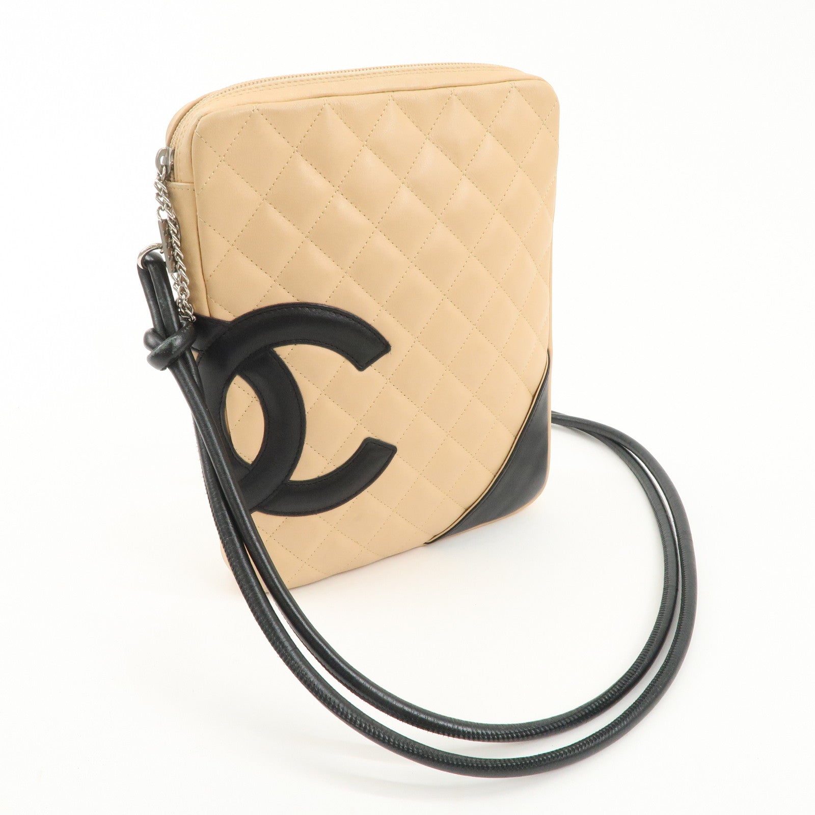 CHANEL Cambon Line Lambskin Shoulder Bag Beige Black A25178 Used