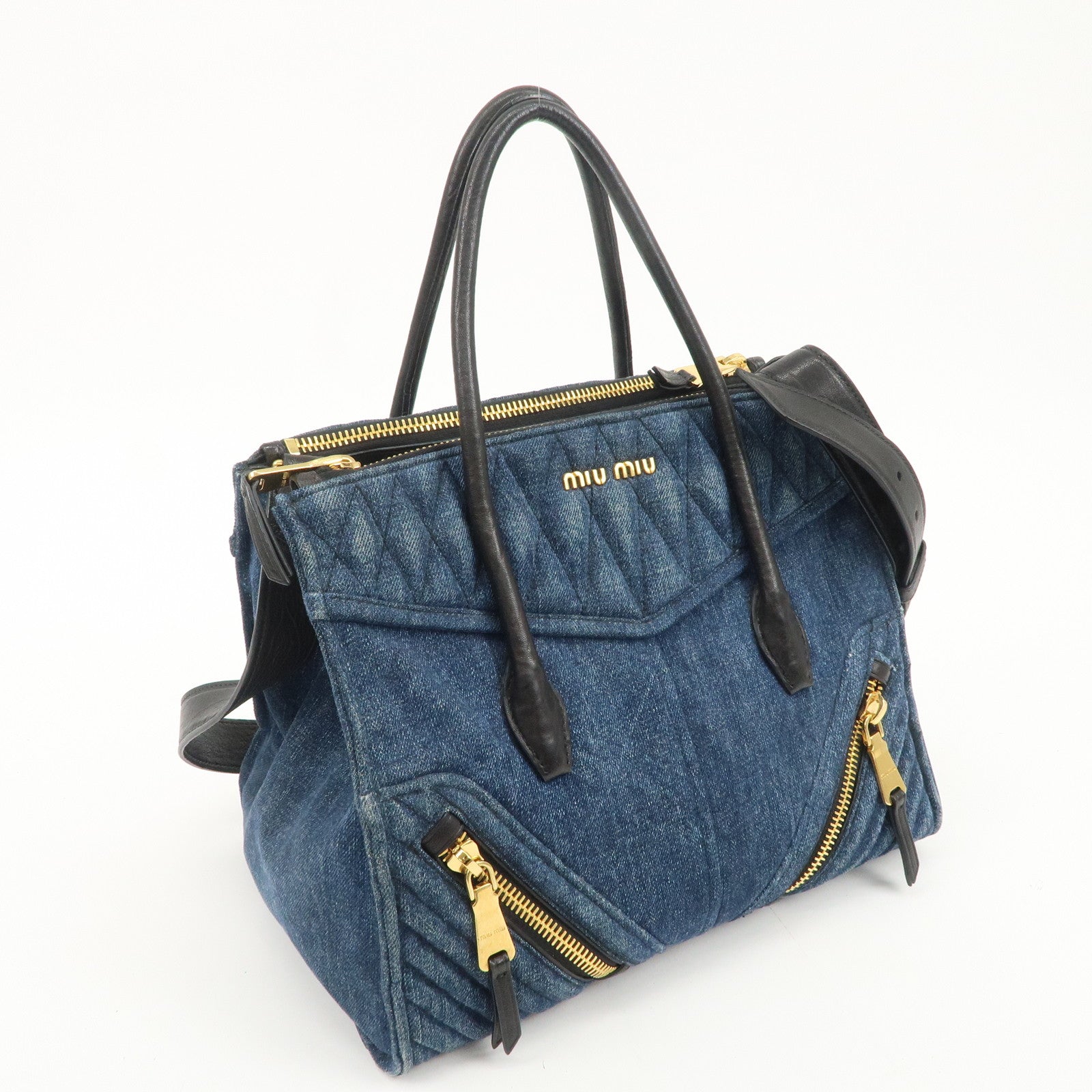 MIU MIU Denim Leather Biker 2WAY Bag Blue Black RN1031 Used