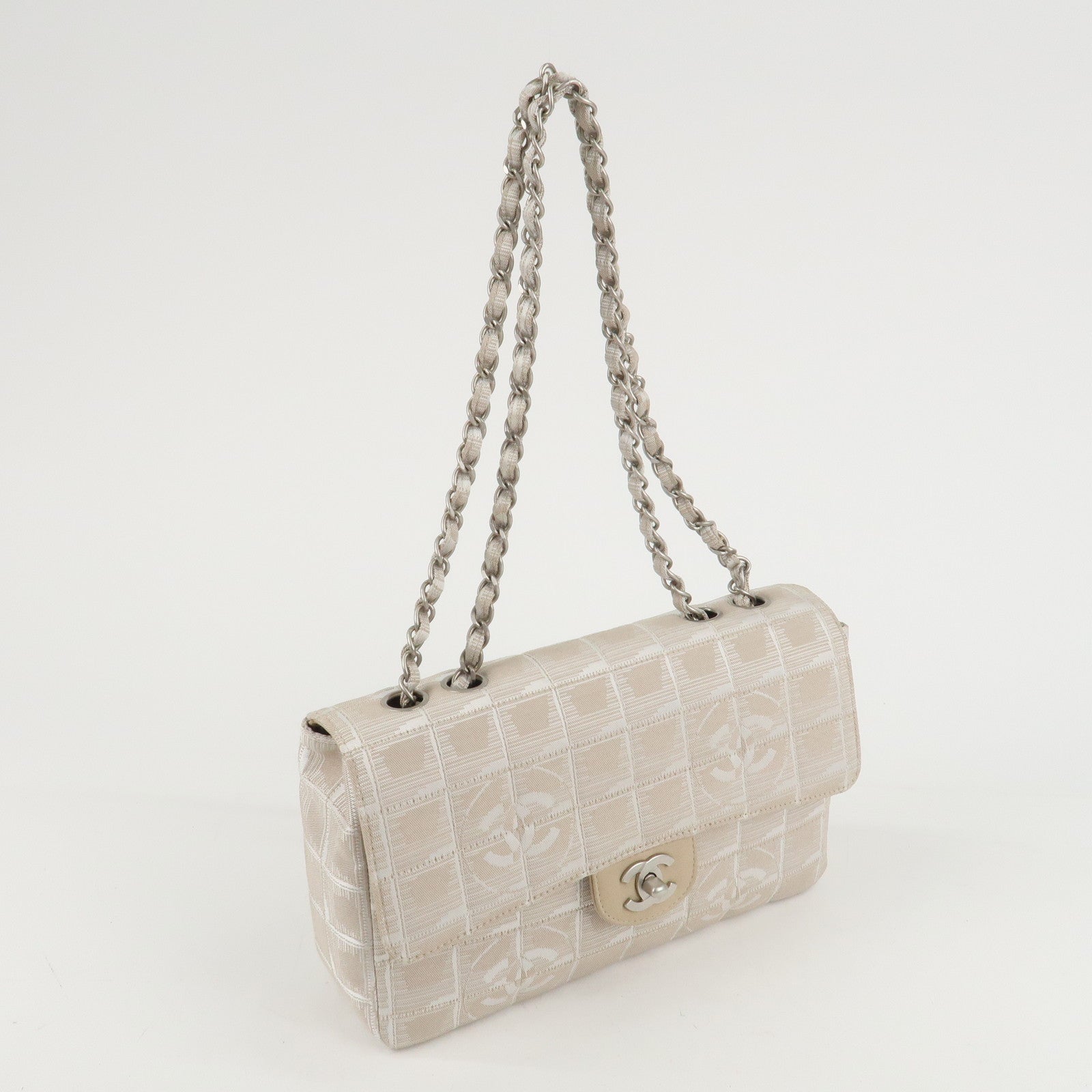 CHANEL Travel Line Chocolate Bar Nylon Jacquard Chain Bag A15285 Used