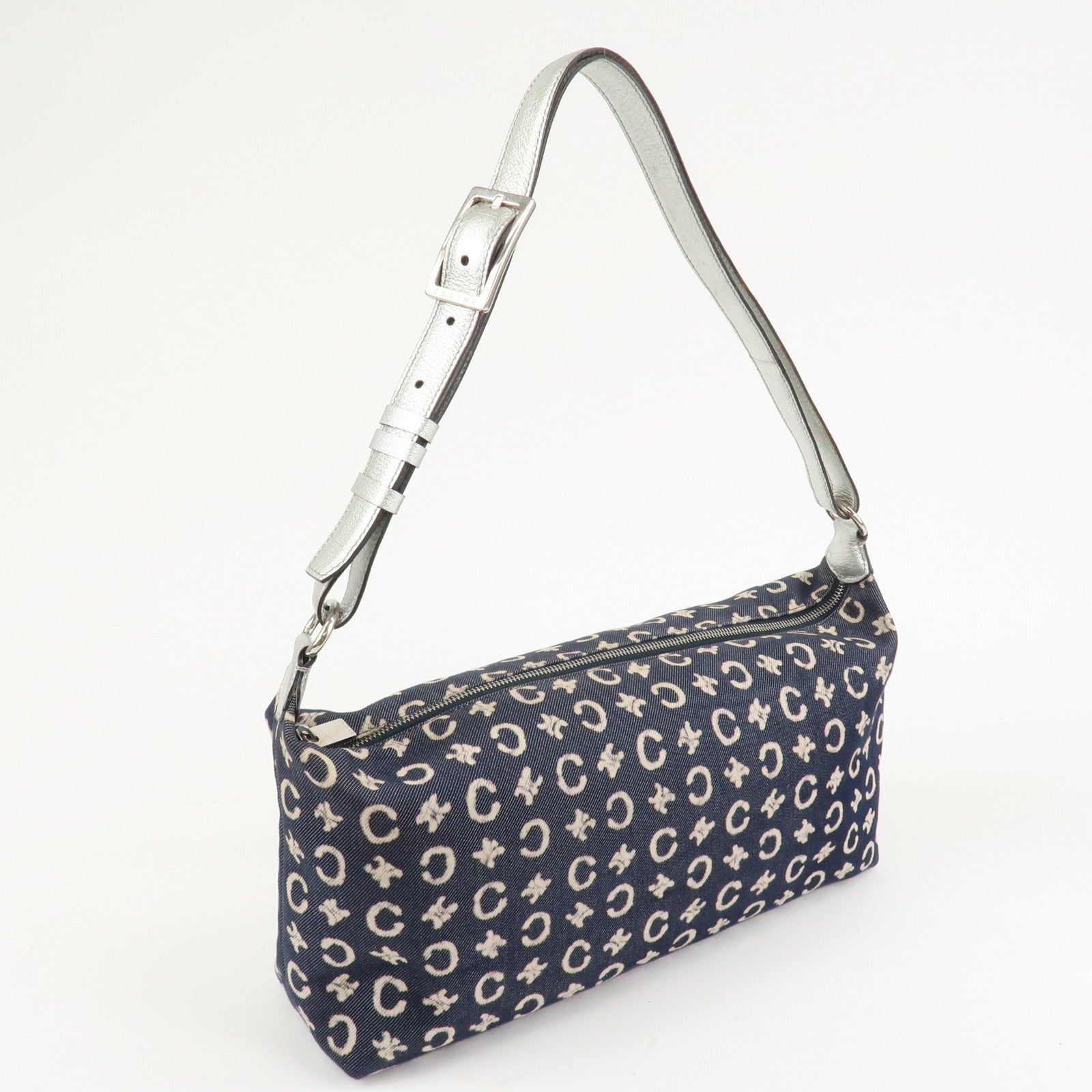 CELINE C Macadam Canvas Leather Shoulder Bag Navy Silver Used