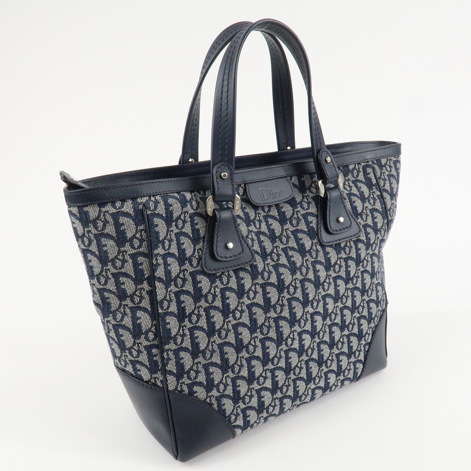 Christian Dior Trotter Canvas Leather Tote Bag Hand Bag Navy White Used