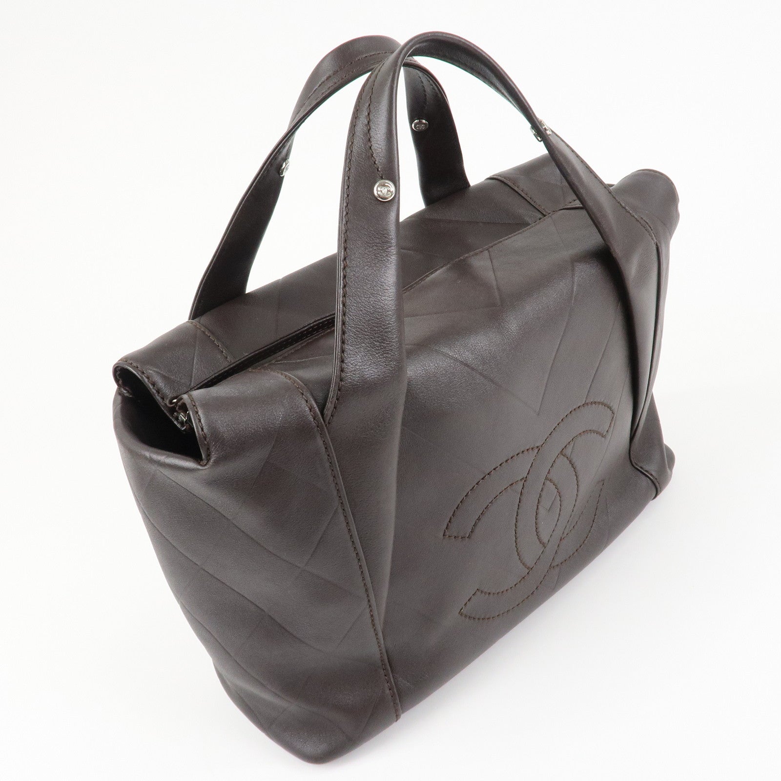 CHANEL COCO Mark Shevron Lamb Skin V Stich Tote Bag Dark Brown Used