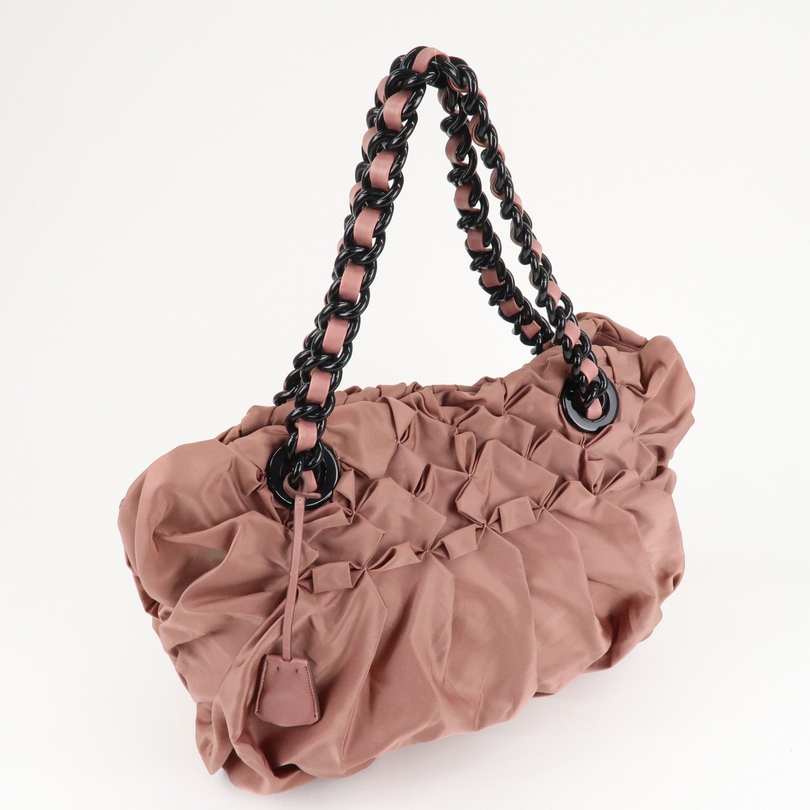 Prada Nylon Leather Gathered Chain Shoulder Tote Bag Pink Black Used
