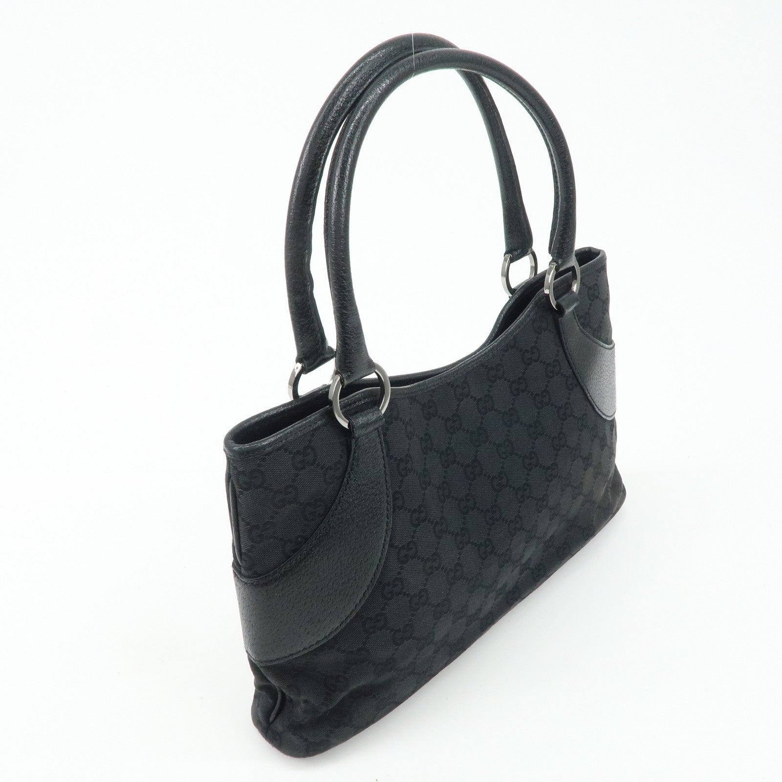 GUCCI GG Canvas Leather Tote Bag Hand Bag Black 113015 Used