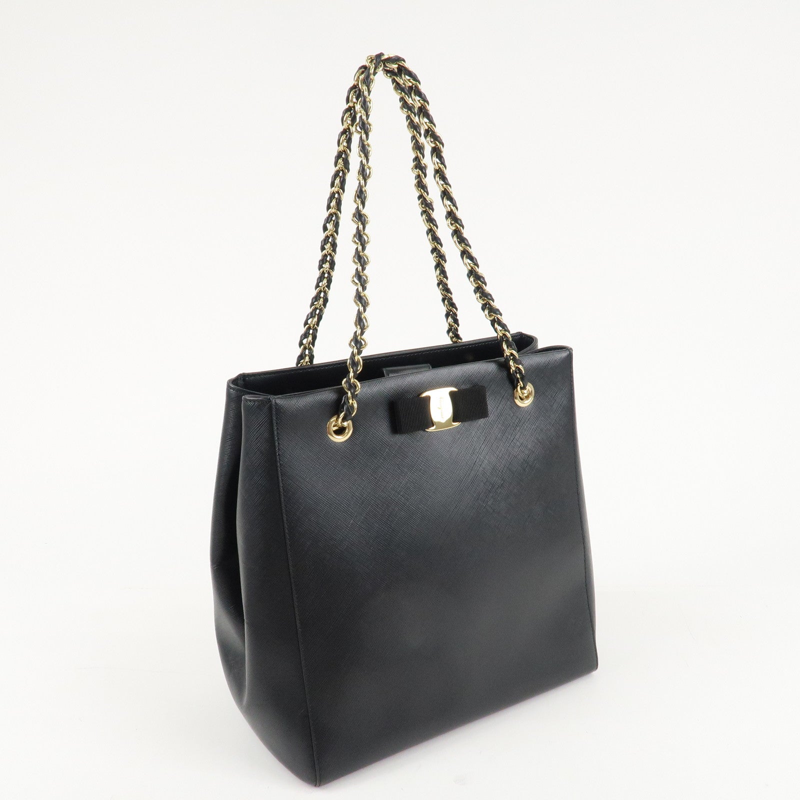 Ferragamo Vara Ribbon Chain Tote Bag Shoulder Bag Black Gold HDW Used