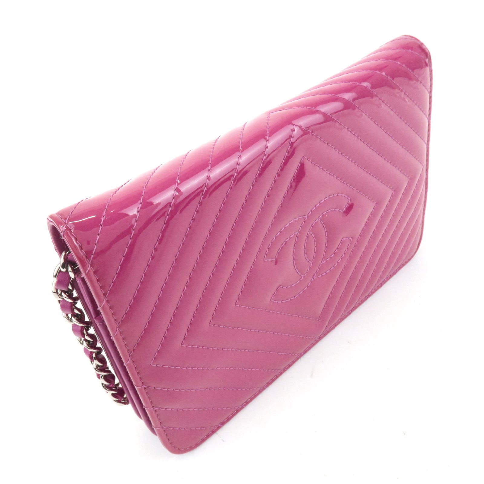 CHANEL COCO Mark Shevron Patent Leather V Stitch Chain Wallet Used