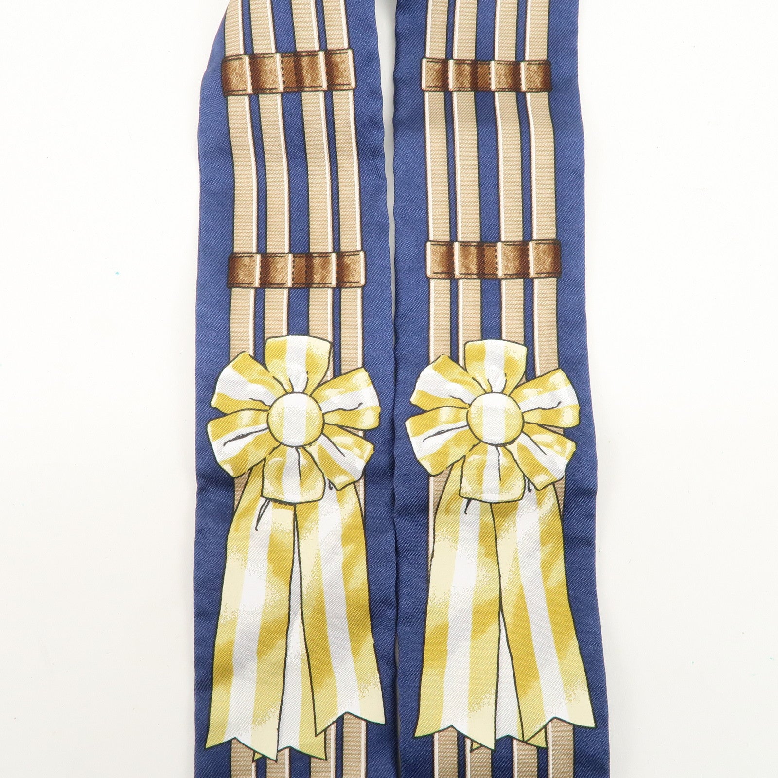 HERMES 100% Silk Twilly Scarf Jumping Navy Yellow Brown Used