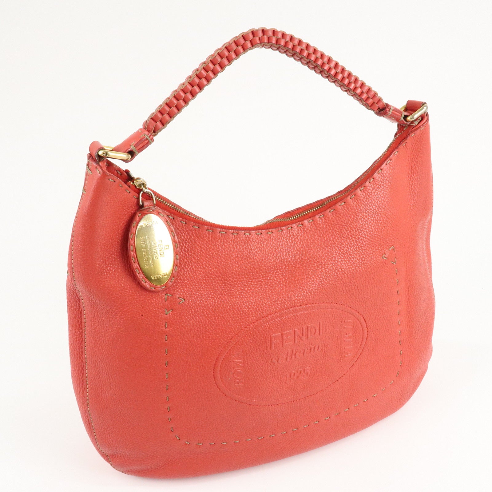 FENDI Selleria Leather Shoulder Bag Red 8BR648 Used