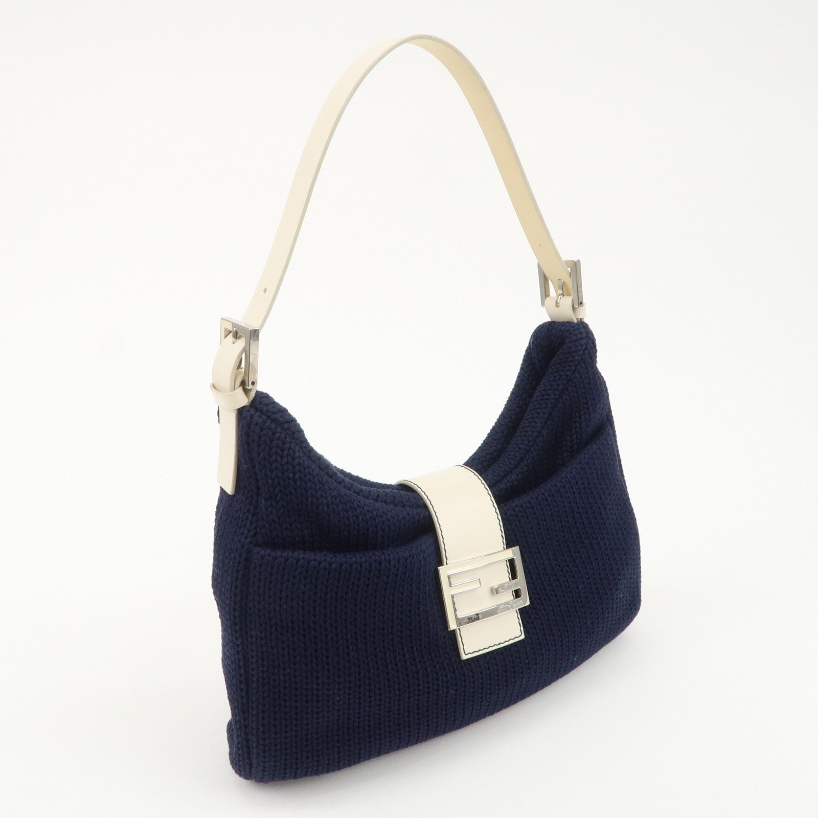 FENDI Wool Leather Shoulder Bag Navy White 26569 Used