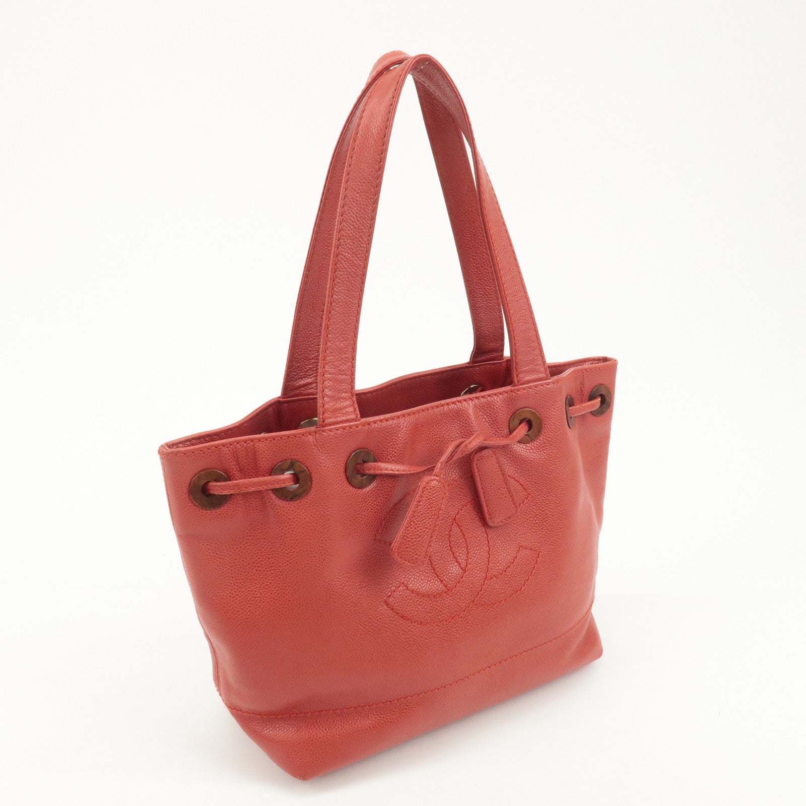 CHANEL Caviar Skin COCO Mark Tote Bag Hand Bag Red Used