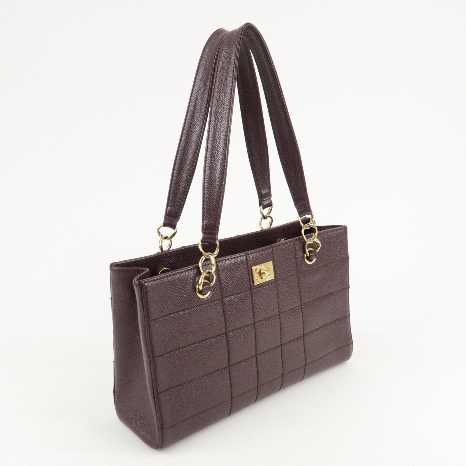 CHANEL Chocolate Bar Caviar Skin Chain Shoulder Bag Wine Gold Used