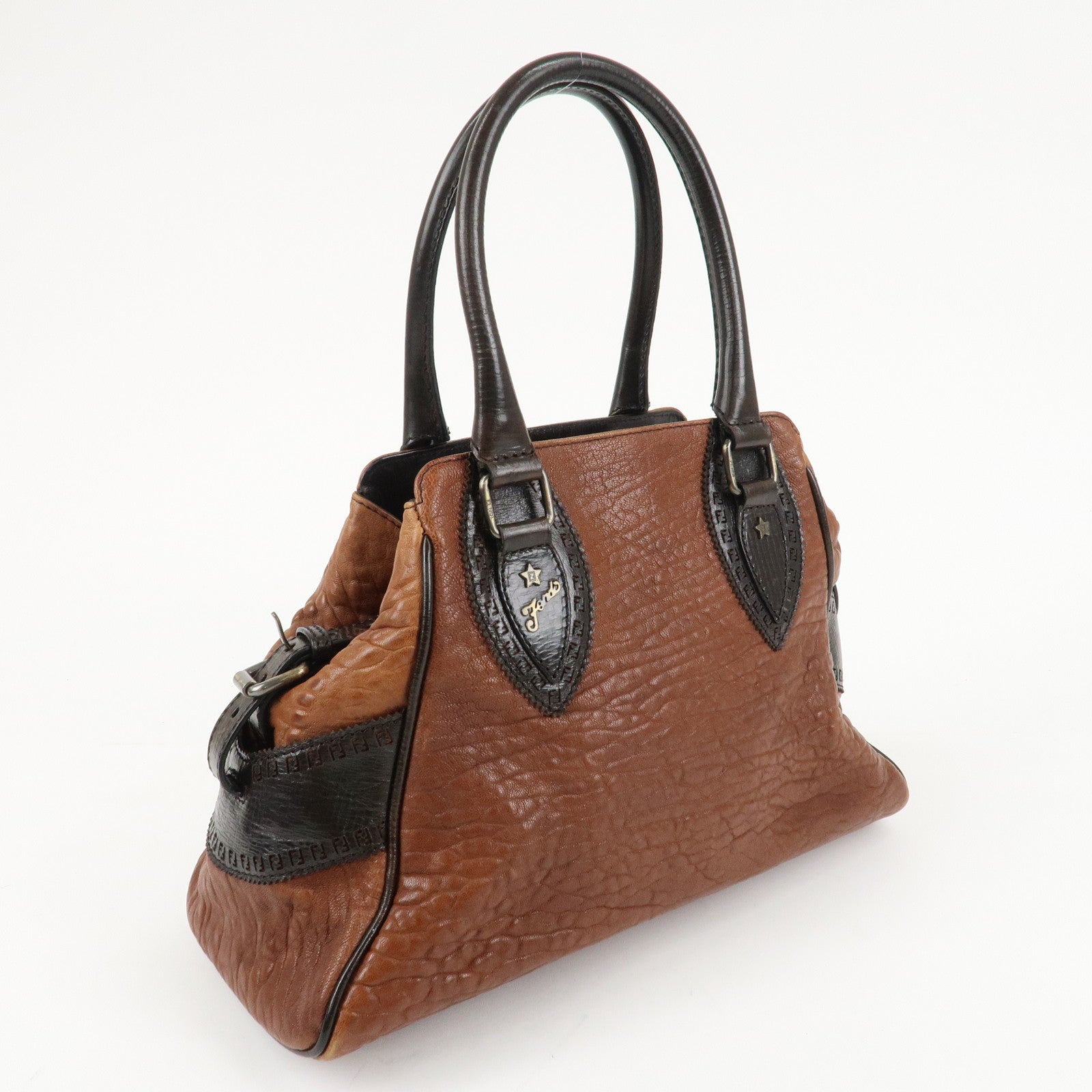 FENDI Ethnico Zucca Canvas Leather Tote Bag Brown 8BN157 Used