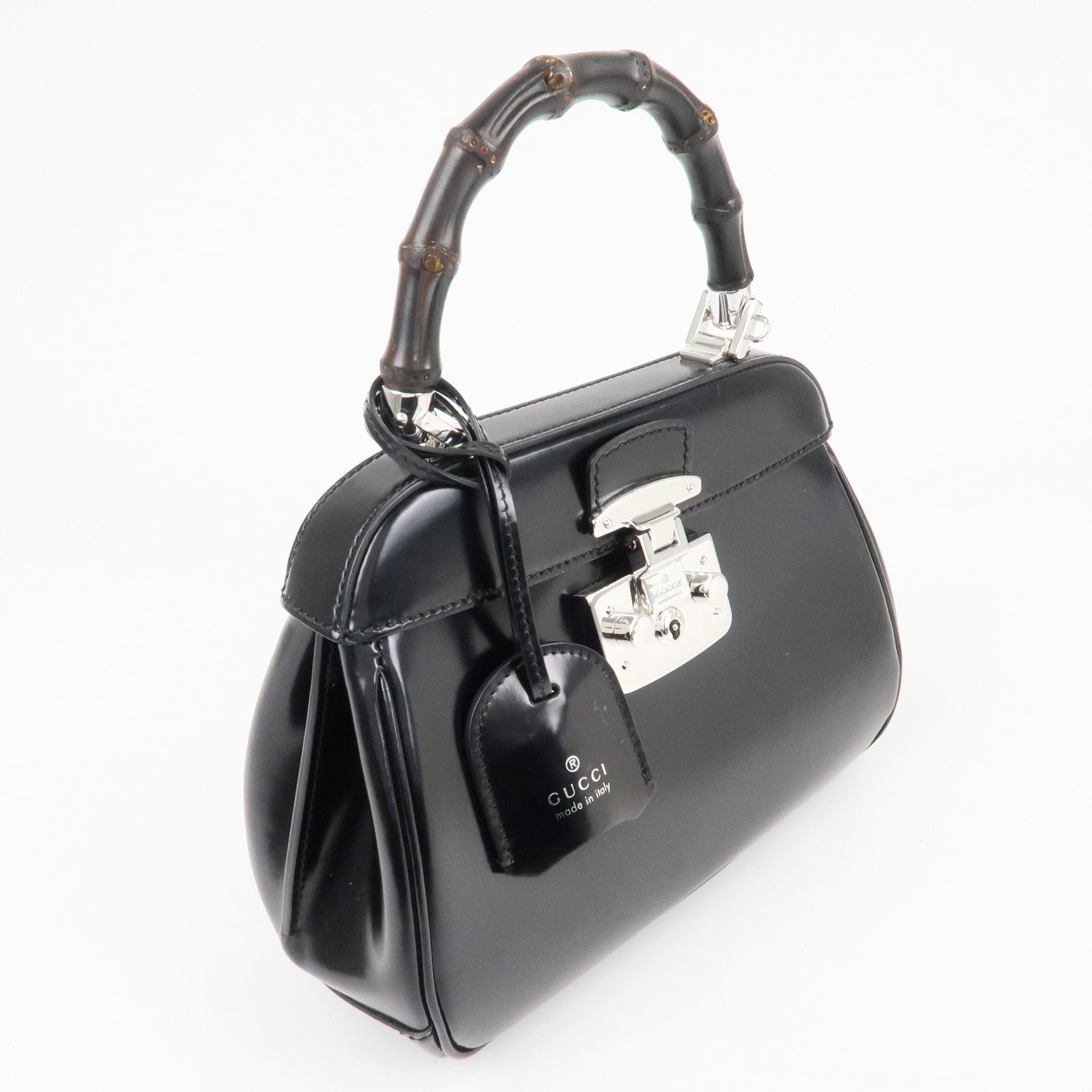 GUCCI Bamboo Leather 2Way Bag Hand Bag Black Handbag 353522 Used