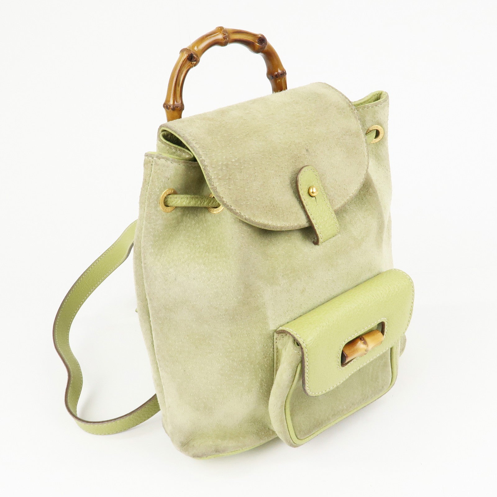 GUCCI Bamboo Suede Leather Backpack Light Green 003.1956.0030 Used