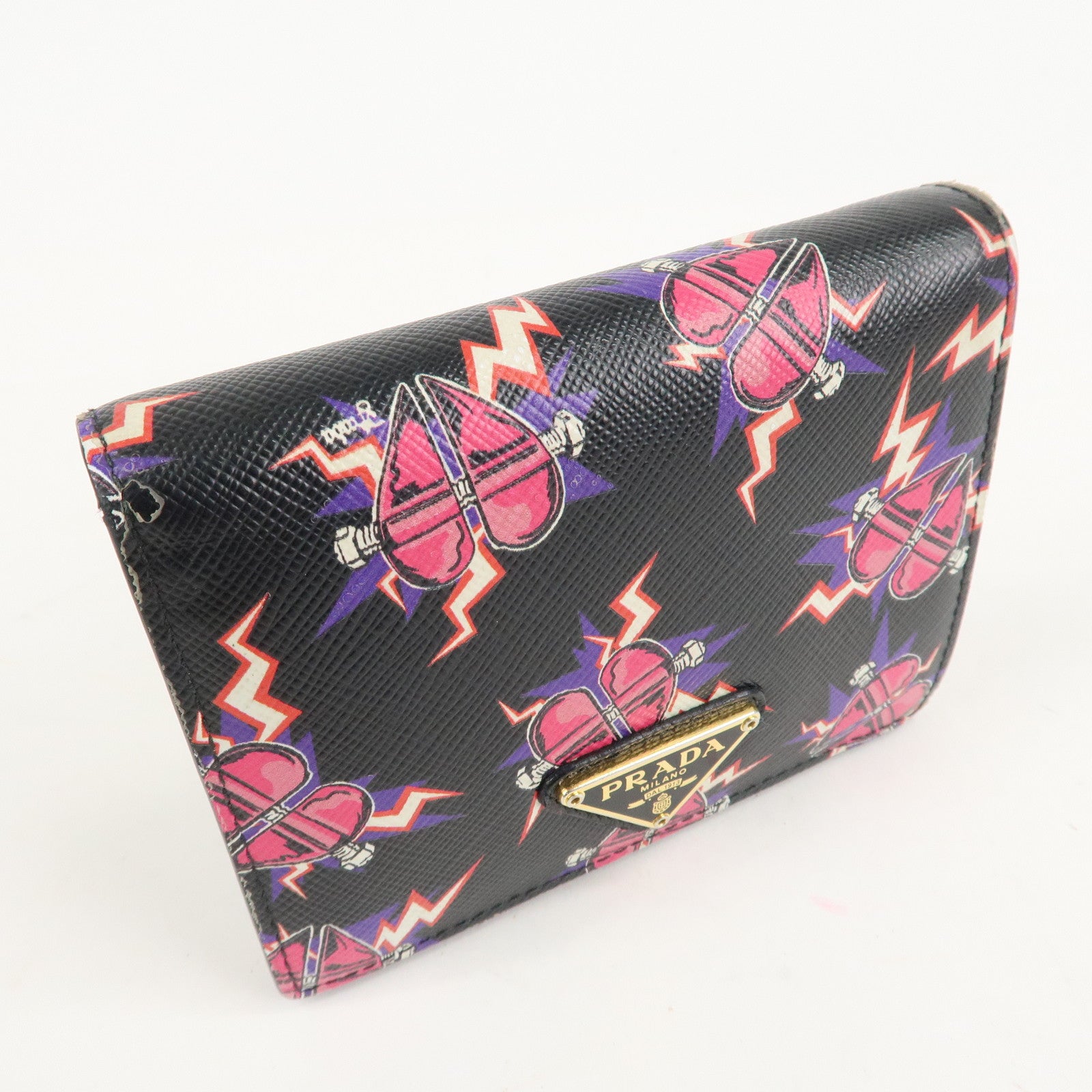 PRADA Logo Saffiano Leather Heart Print Bi-fold Wallet 1MV204 Used