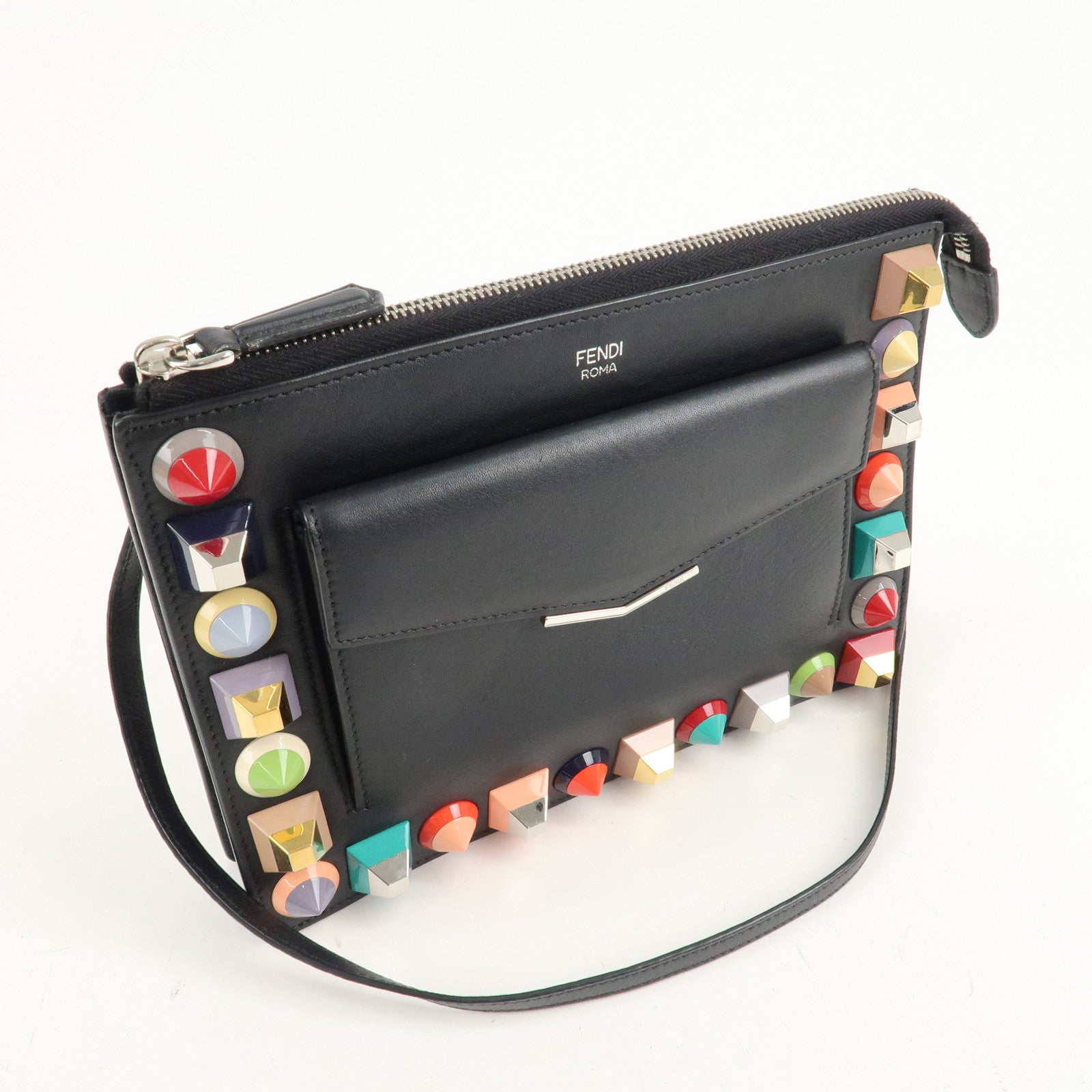 FENDI Leather Toujours Multi-Studs Shoulder Bag Black 8M0369 Used