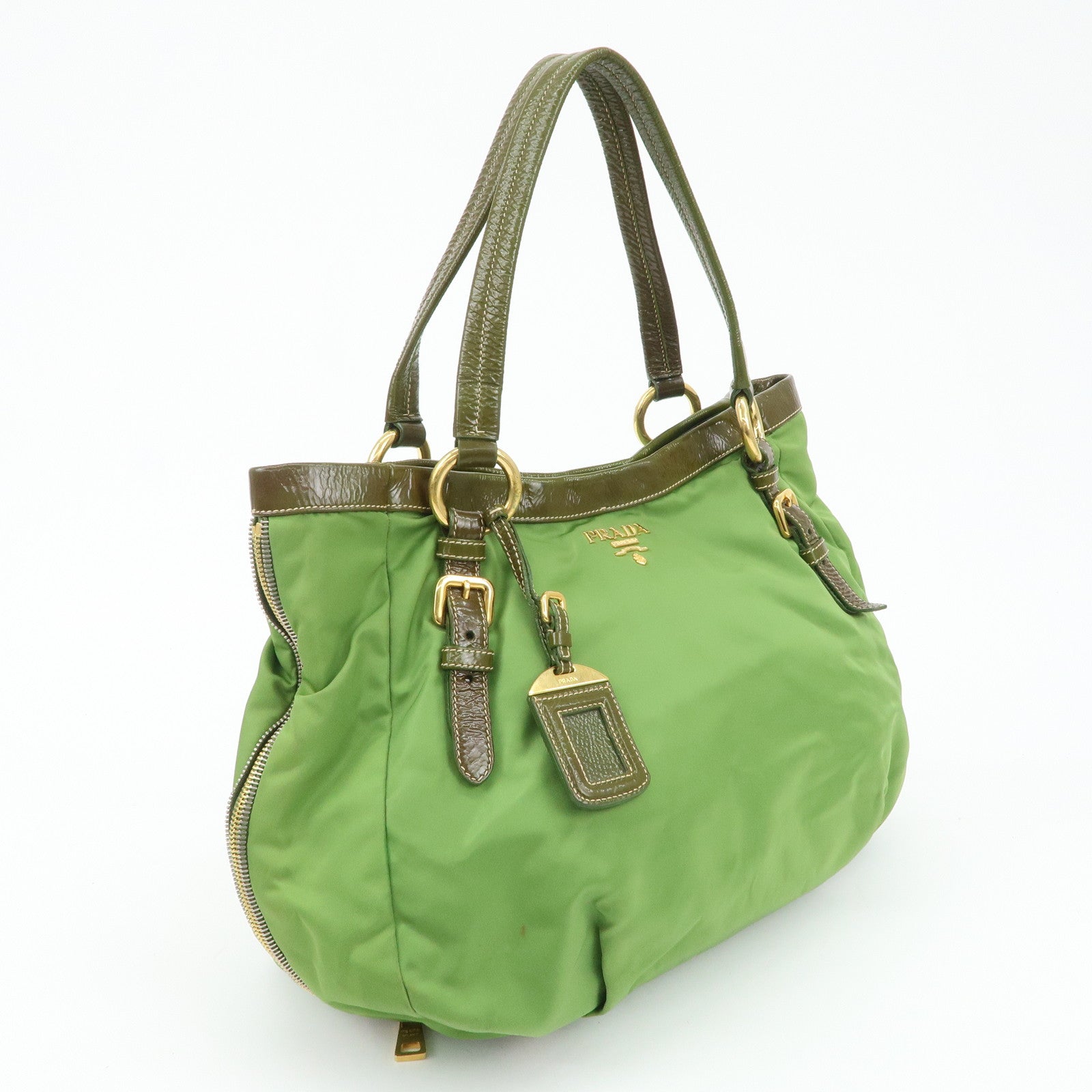 PRADA Nylon Patent Leather Tote Bag Shoulder Bag Green Khaki Used