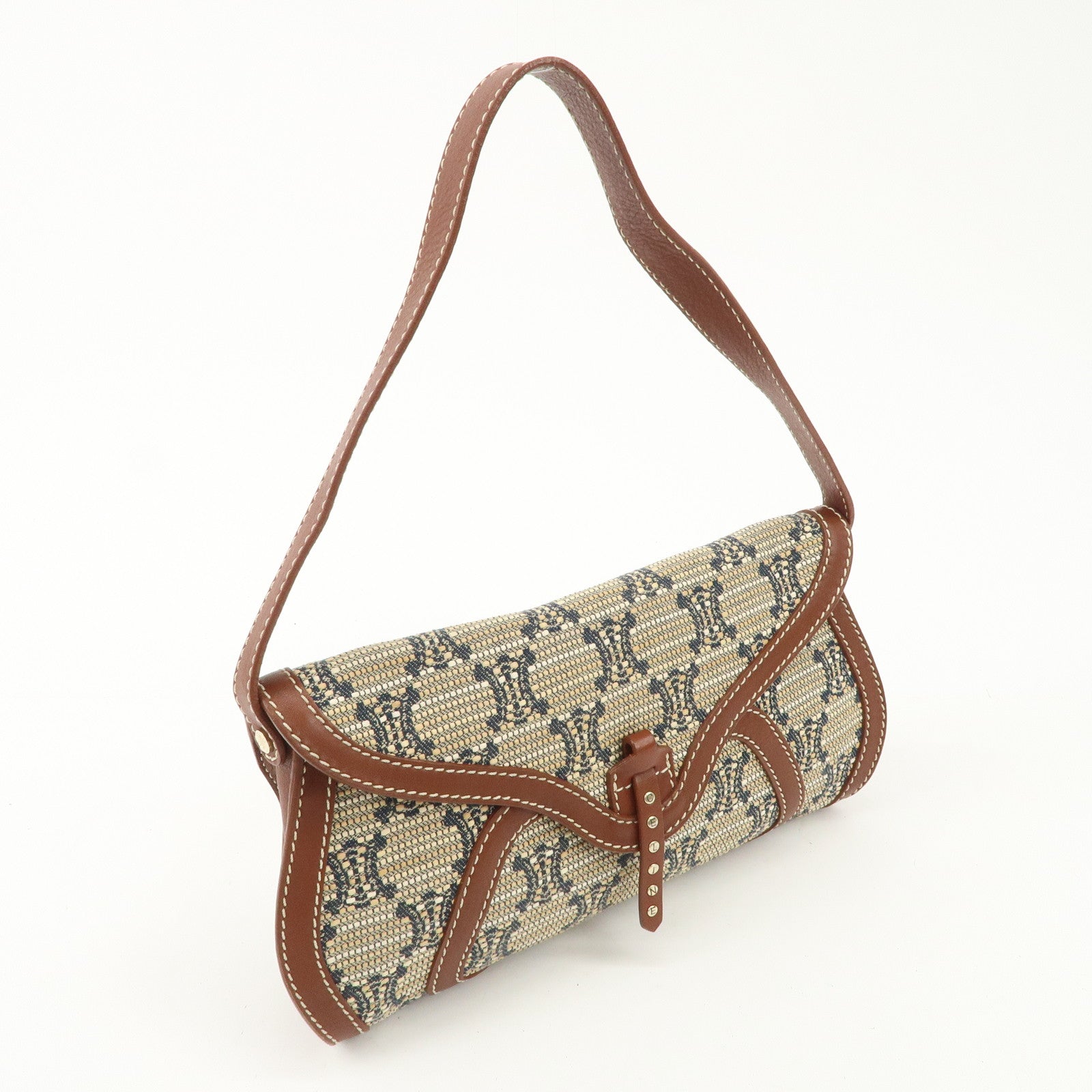 CELINE Macadam Canvas Leather Shoulder Bag Beige Navy Brown Used