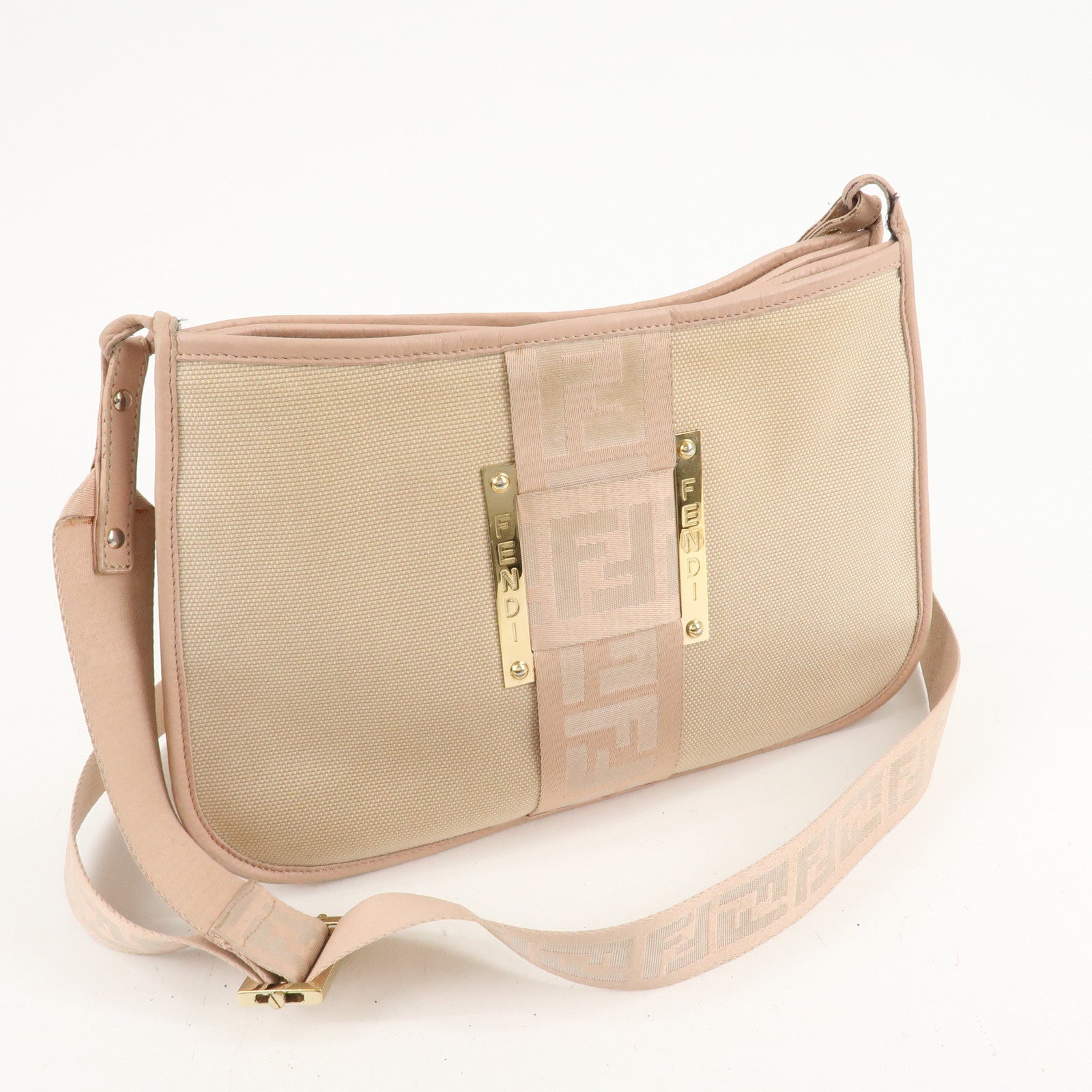 FENDI Logo Canvas Leather Shoulder Bag Beige Pink 8BT084 Used