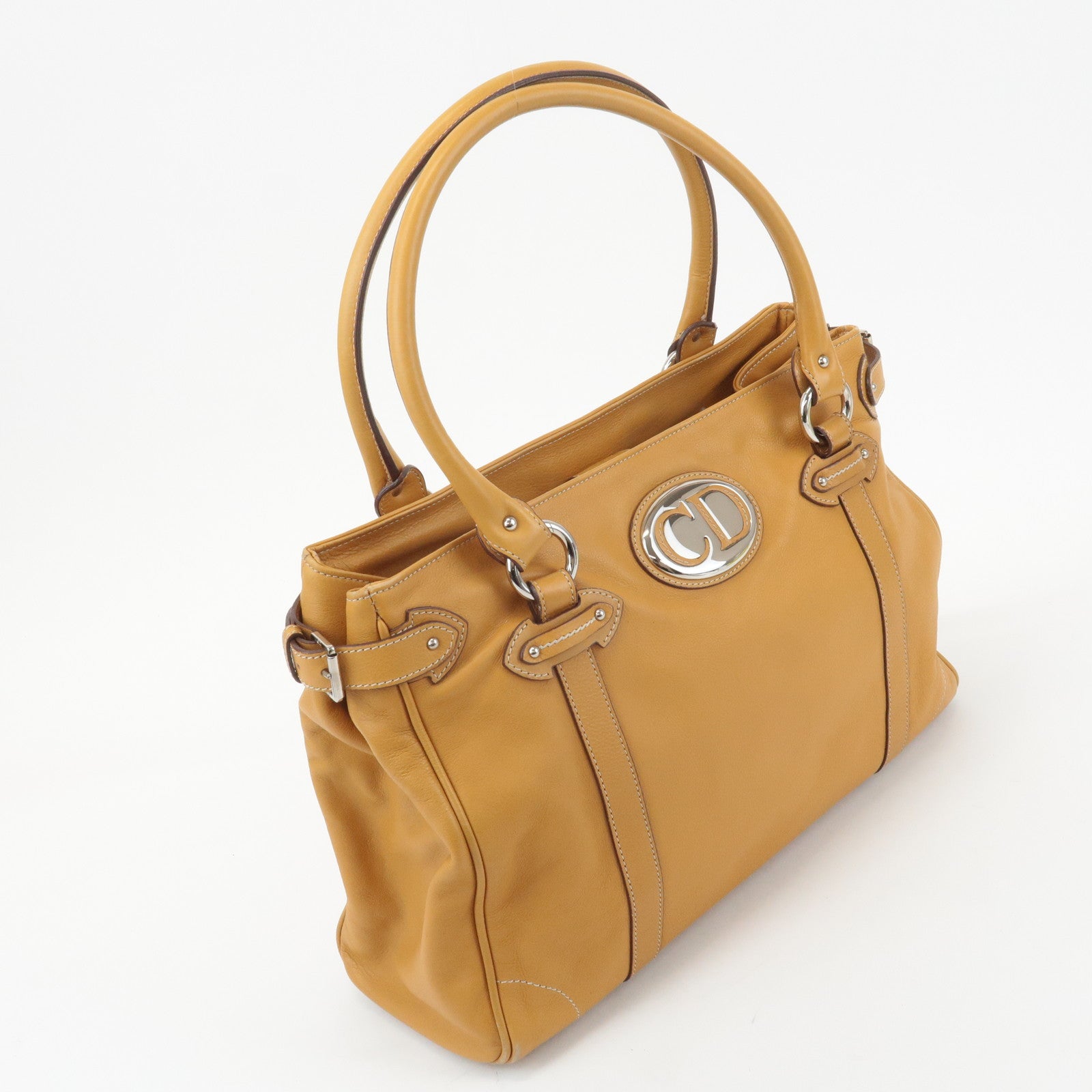 Christian Dior Leather Tote Bag Shoulder Bag Mustard Silver HDW Used