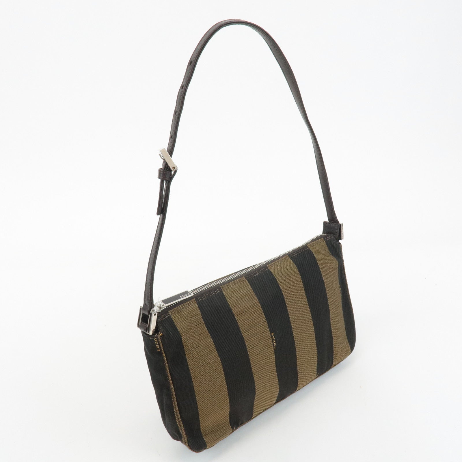 FENDI Pequin Canvas Leather Shoulder Bag Khaki Black 26617 Used