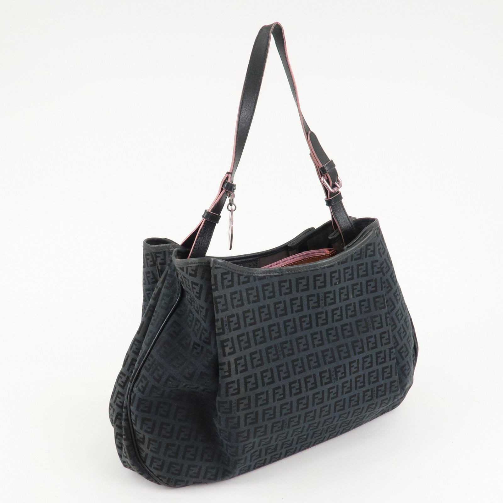 FENDI Zucchino Canvas Leather Tote Bag Black 8BH220 Used