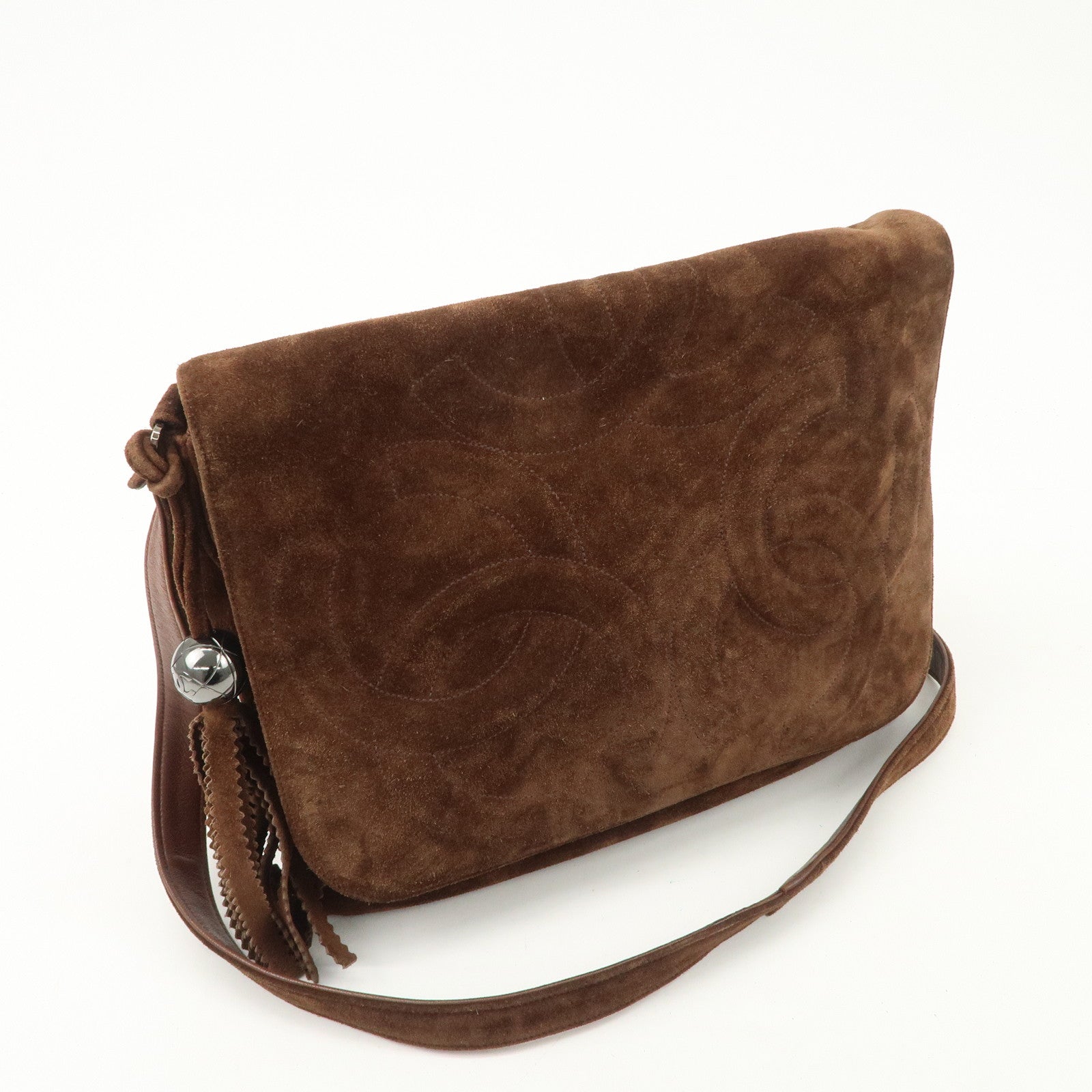 CHANEL Triple COCO Mark Suede Shoulder Bag Brown Silver Used