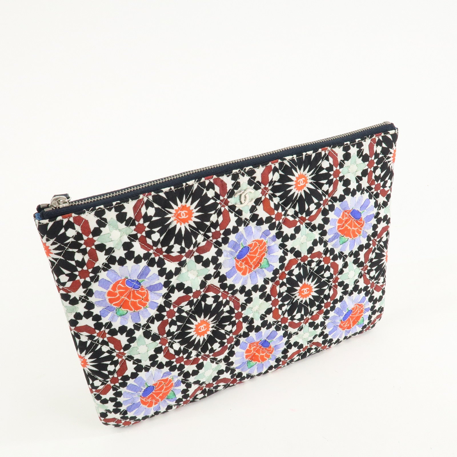 CHANEL COCO Mark Canvas Quilting Flower Print Clutch Bag A82074 Used