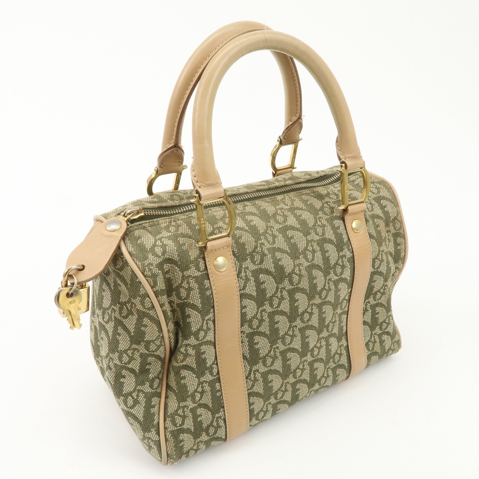 Christian Dior Trotter Canvas Leather Boston Bag White Khaki Used