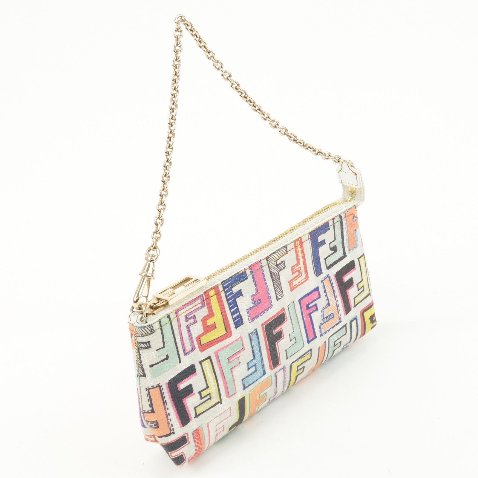 FENDI Zucca Print PVC Chain Accessory Pouch Multicolor 8BR592 Used