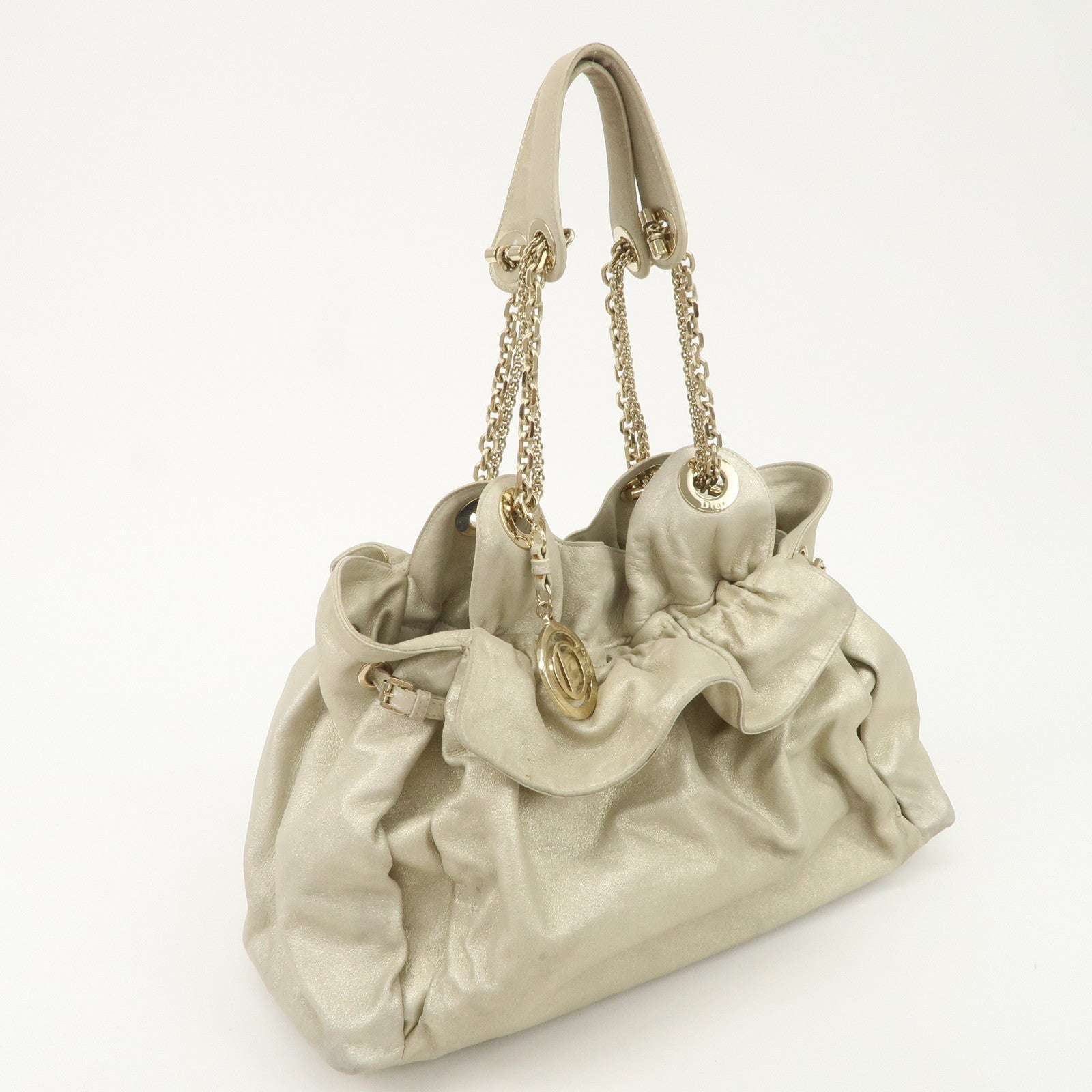 Christian Dior Leather Chain Shoulder Bag Tote Bag Silver Used